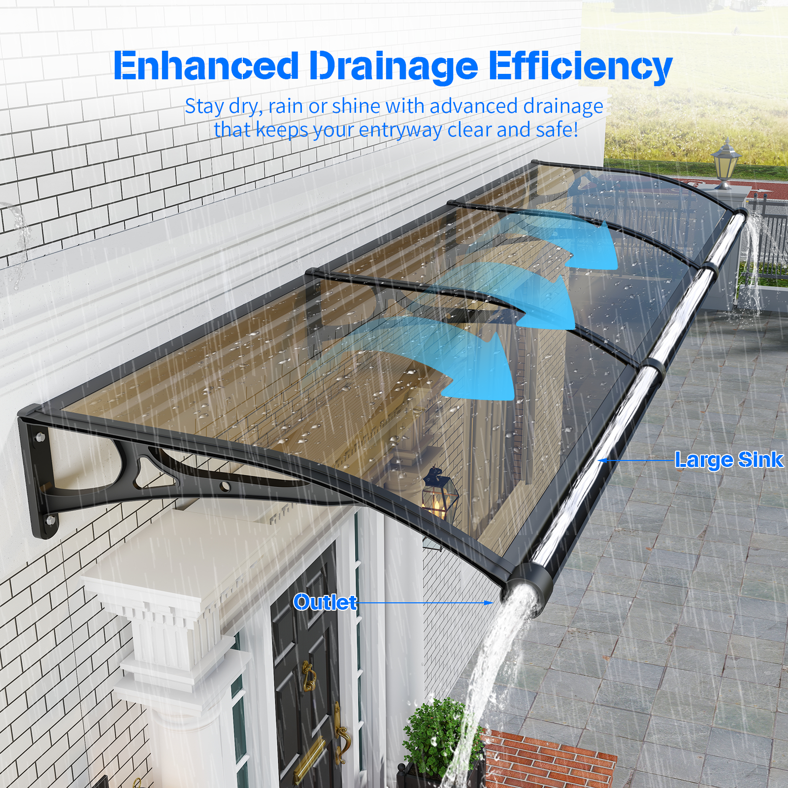 Dawninghome Aluminum Alloy Awning Solid Polycarbonate Sheet with Large Drainage Sink Canopy for Window Door Outdoor Snow Cover Overhang Awnings MS06