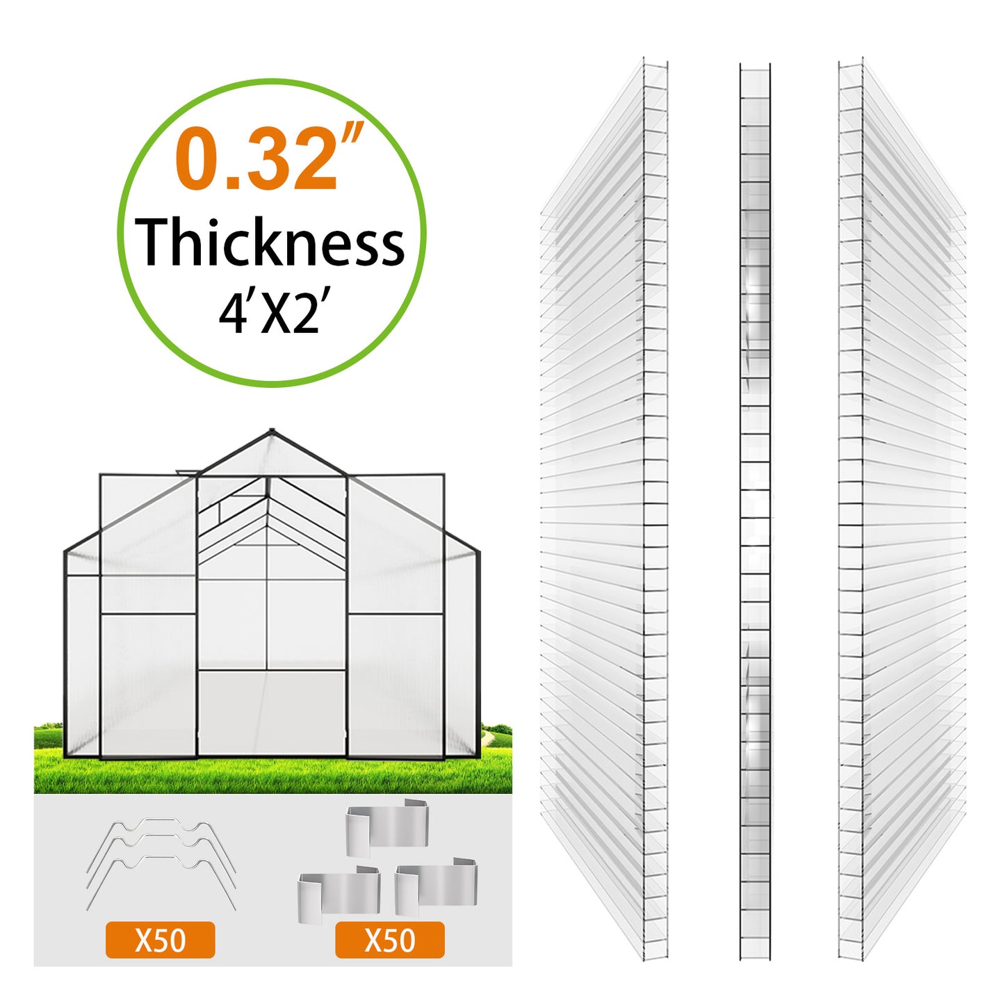 Dawning Home 2'x4'x0.32' Twin Wall Polycarbonate Hollow Sheet – Clear UV Protected Panel for Roofing & Greenhouses