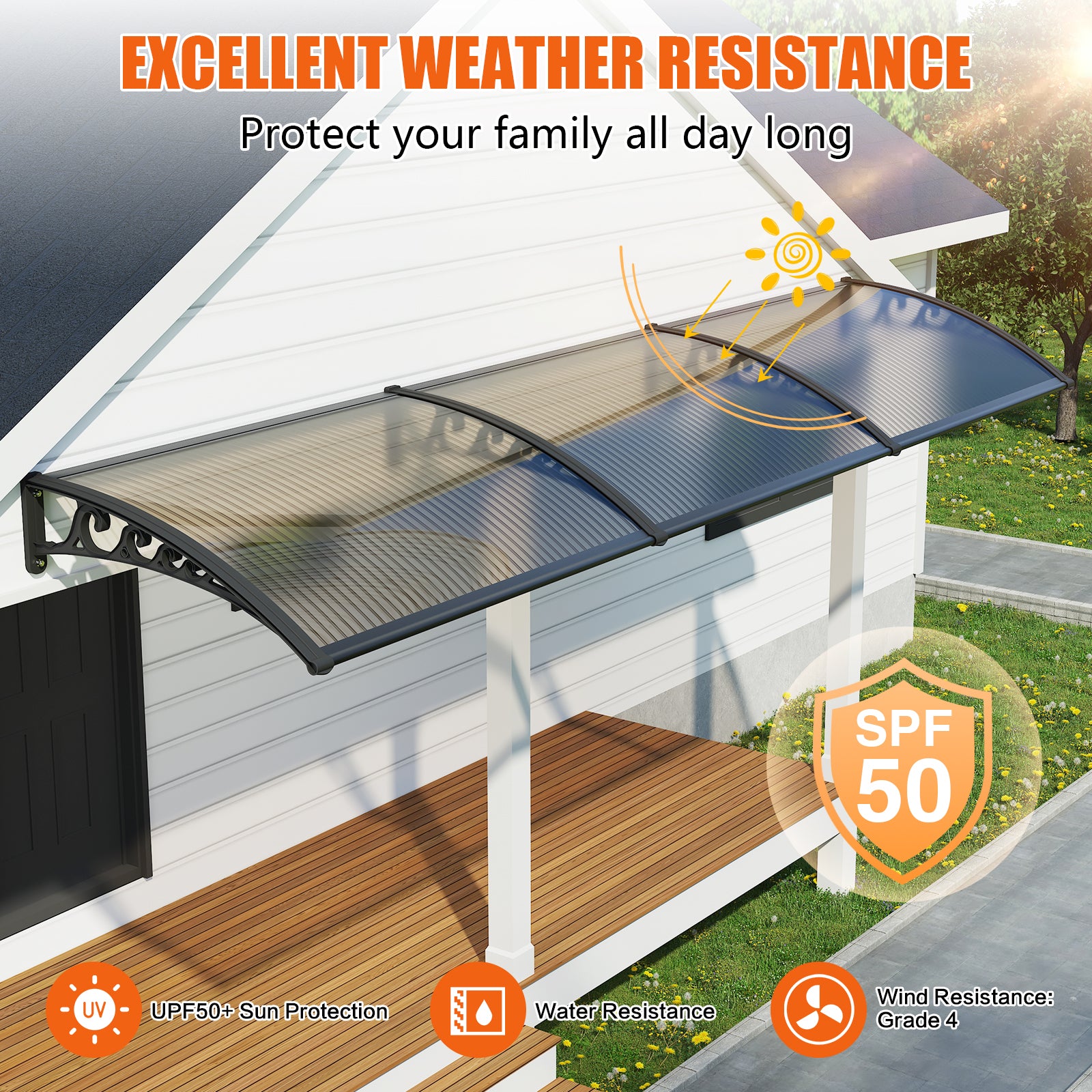 Window Awning Outdoor Door Canopy ABS Bracket Brown Polycarbonate Panel 48*60 IN