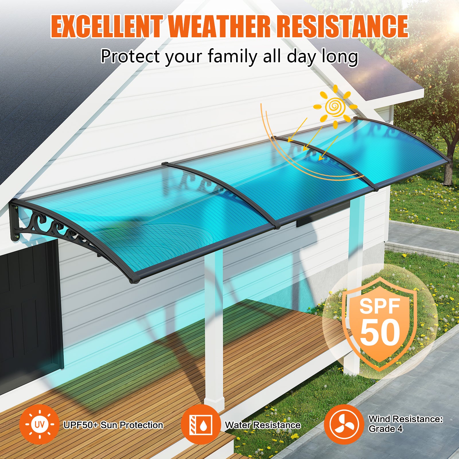 Dawninghome Polycarbonate Window Awning – DIY UV & Rain Shield for Porch and Entry(Black Bracket Blue Board)