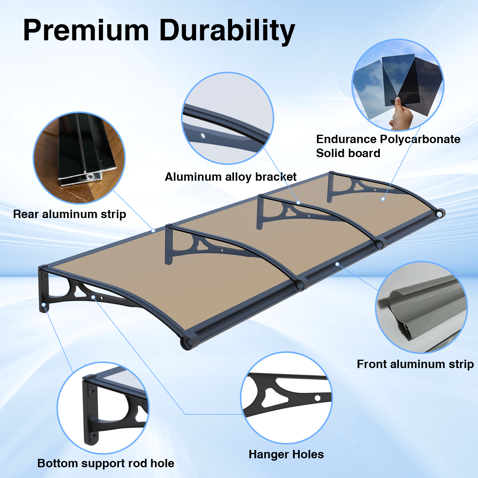 Dawninghome Aluminum Alloy Awning Solid Polycarbonate Sheet with Large Drainage Sink Canopy for Window Door Outdoor Snow Cover Overhang Awnings MS06