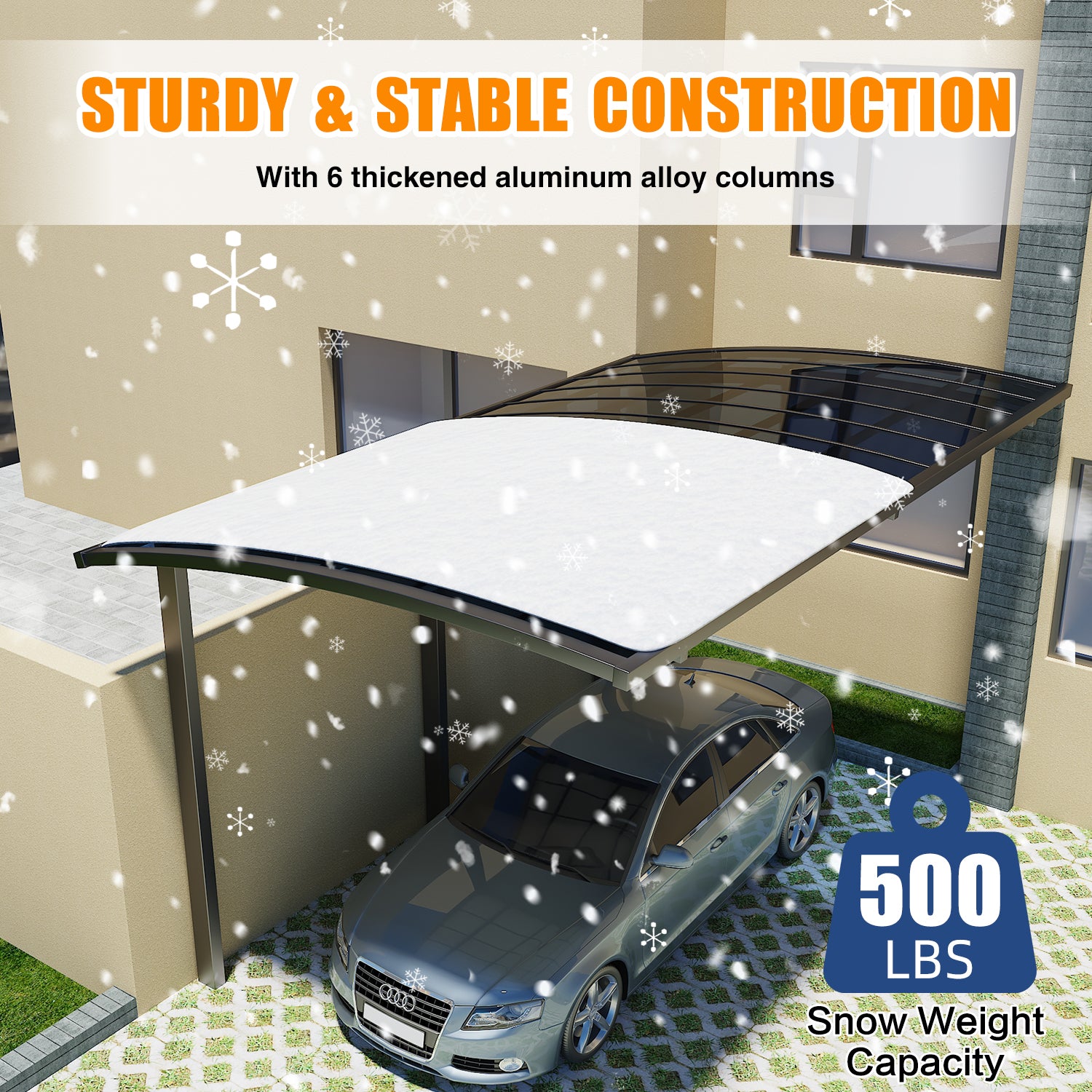 Dawninghomm Carport DIY Heavy Duty Metal Canopy Multi-Use Shelter with Aluminum Arch-Roof Solid Polycarbonate Panel for Cars, Boats EV Chargers UV Rain Protection