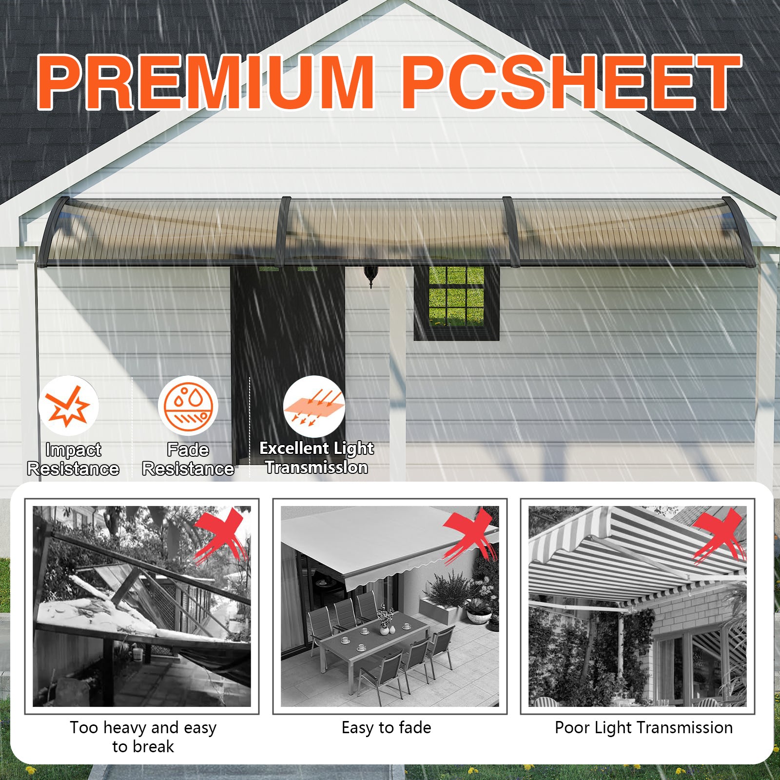 Dawninghome Polycarbonate Window Awning – DIY UV & Rain Shield for Porch and Entry
