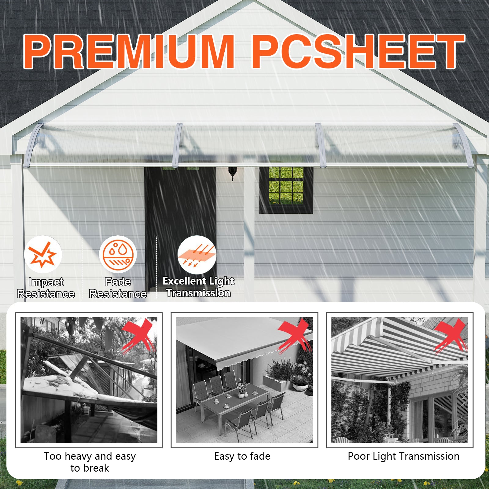 Dawninghome Polycarbonate Window Awning – DIY UV & Rain Shield for Porch and Entry(Grey Bracket Transparent Board