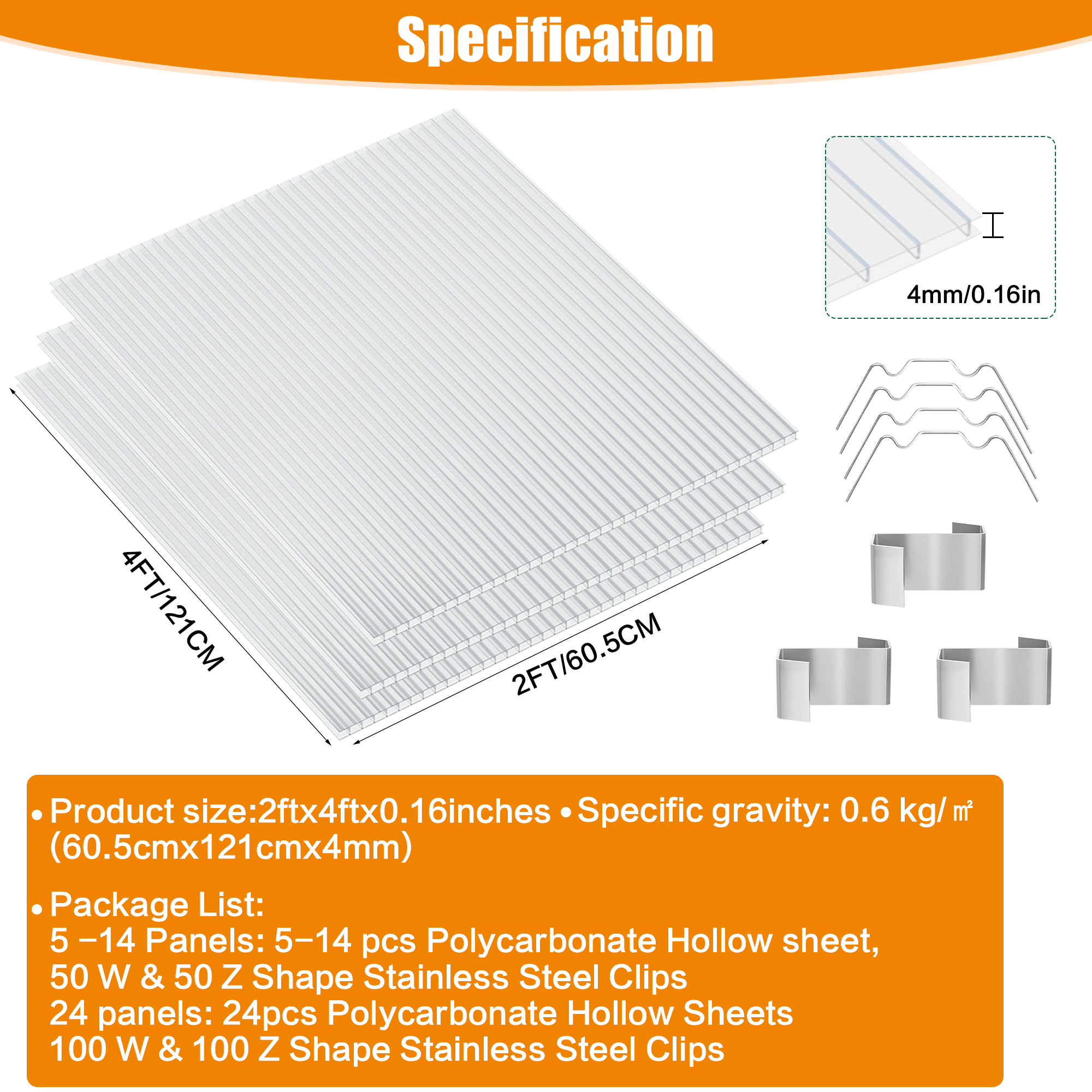 GUANSU-CN 2'x4'x0.16" Dubbelwandige polycarbonaat holle plaat helder UV-beschermd paneel