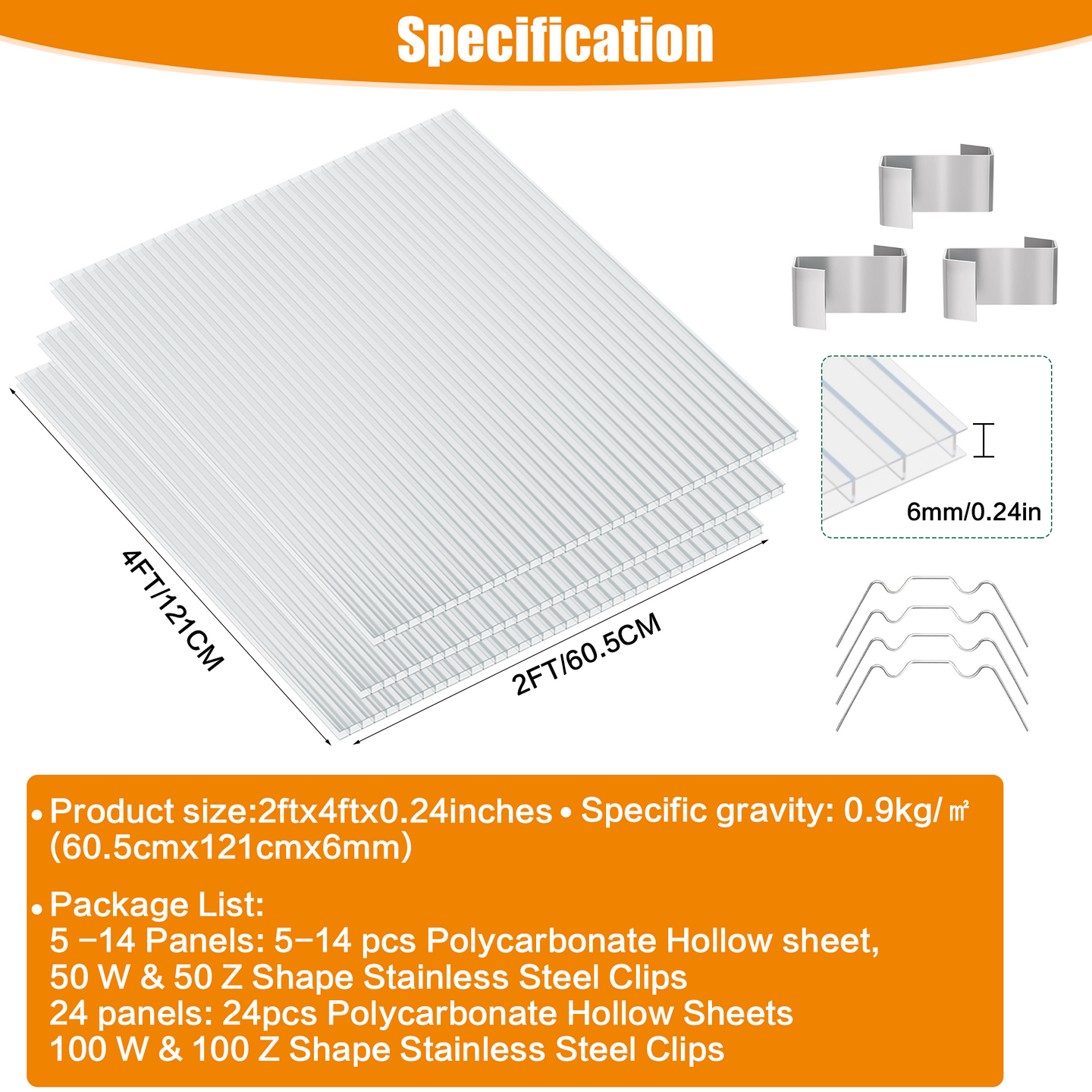 Dawning Home 2'x4'x0.24' Polycarbonate Hollow Sheet – Clear UV Protected Panel for Greenhouses & Outdoor Use