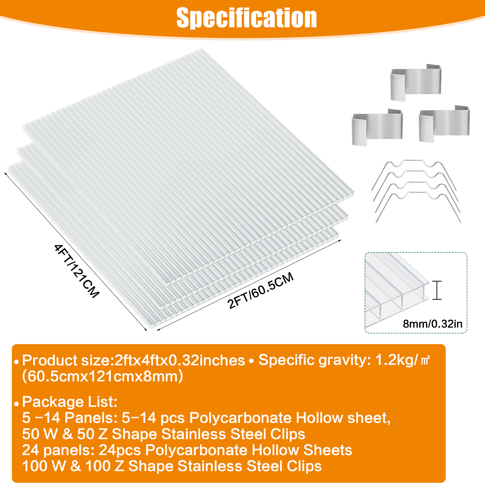 Panneau creux en polycarbonate à double paroi GUANSU-CN 2'x4'x0, 32" transparent protégé contre les UV