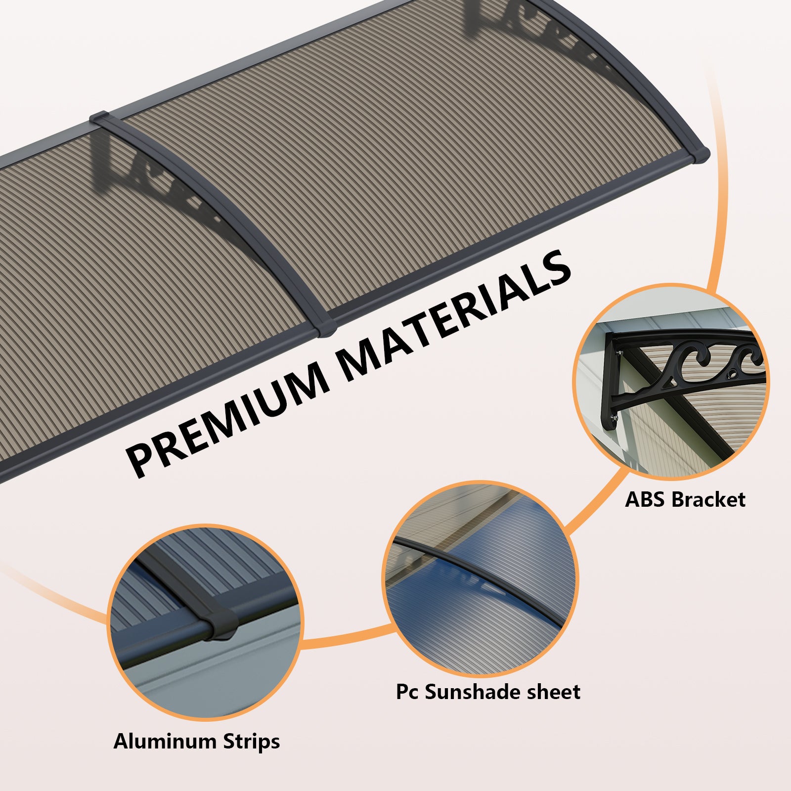 Window Awning Outdoor Door Canopy ABS Bracket Brown Polycarbonate Panel 48*60 IN