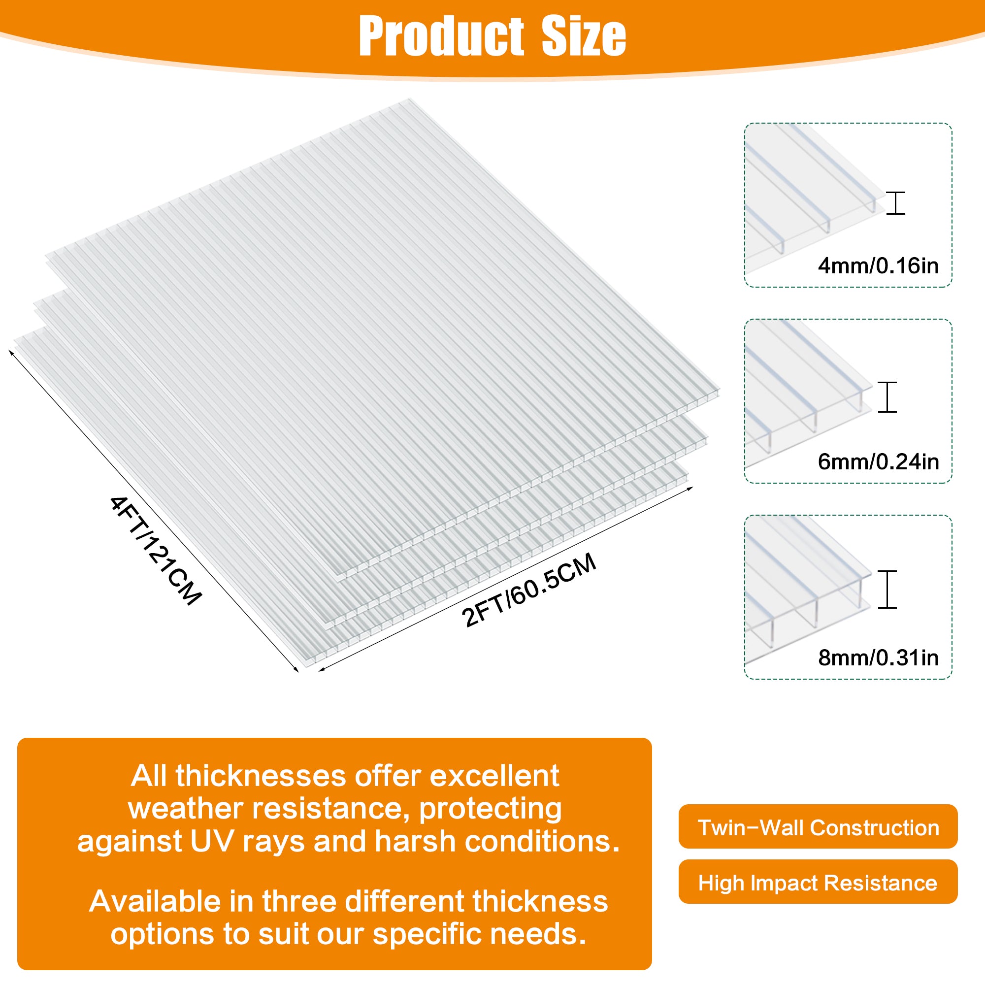 GUANSU-CN 2FTx4FT Polycarbonat-Gewächshausplatten, klares Doppelwand-UV-geschütztes Dach