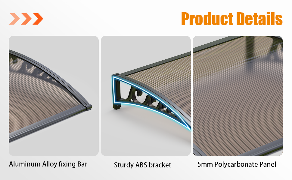 Window Awning Outdoor Door Canopy ABS Bracket Brown Polycarbonate Panel 48*60 IN