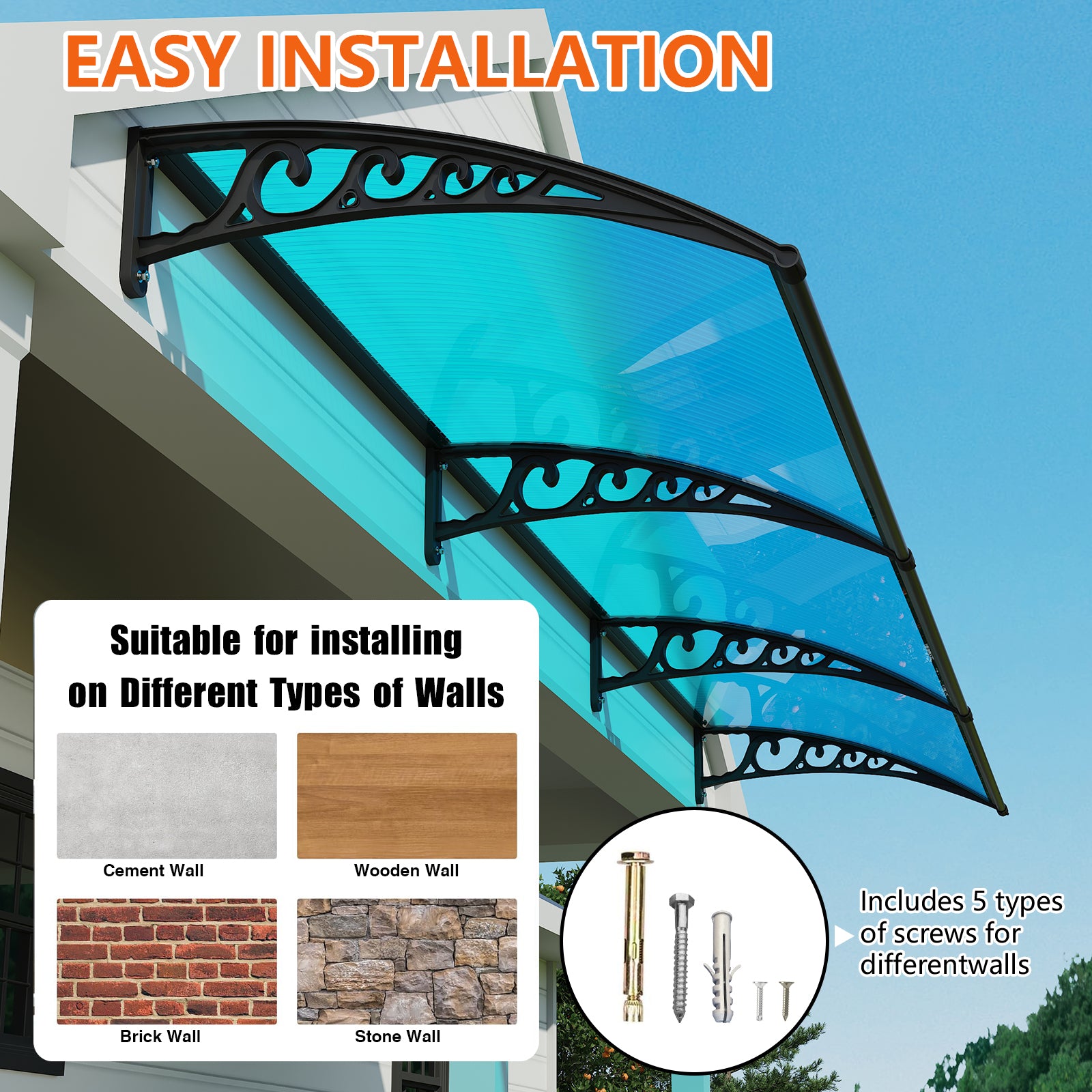 Dawninghome Polycarbonate Window Awning – DIY UV & Rain Shield for Porch and Entry(Black Bracket Blue Board)