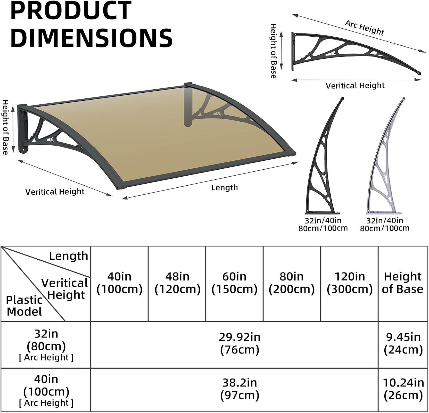 DawningHome Window Awning Door Canopy Polycarbonate Solid Sheet Patio Cover with Plastic Bracket Aluminum Fixing Bars for Sun Shutter, UV, Rain, Snow Protection MS03