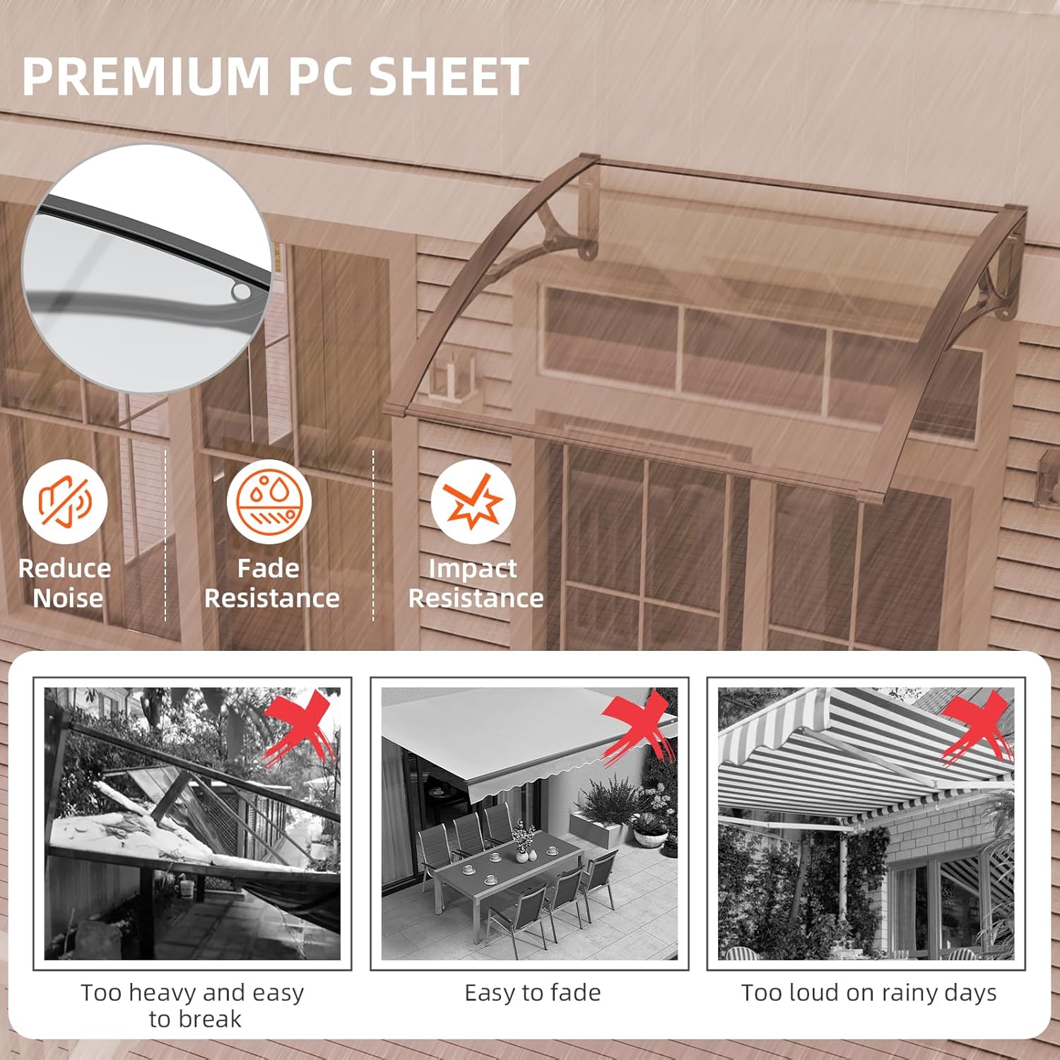 Dawning Home Aluminum Alloy Window Awning Door Canopy Polycarbonate Solid Sheet Patio Cover,UPF 50+ Snow, UV, Rain, Sun Shutter MS04