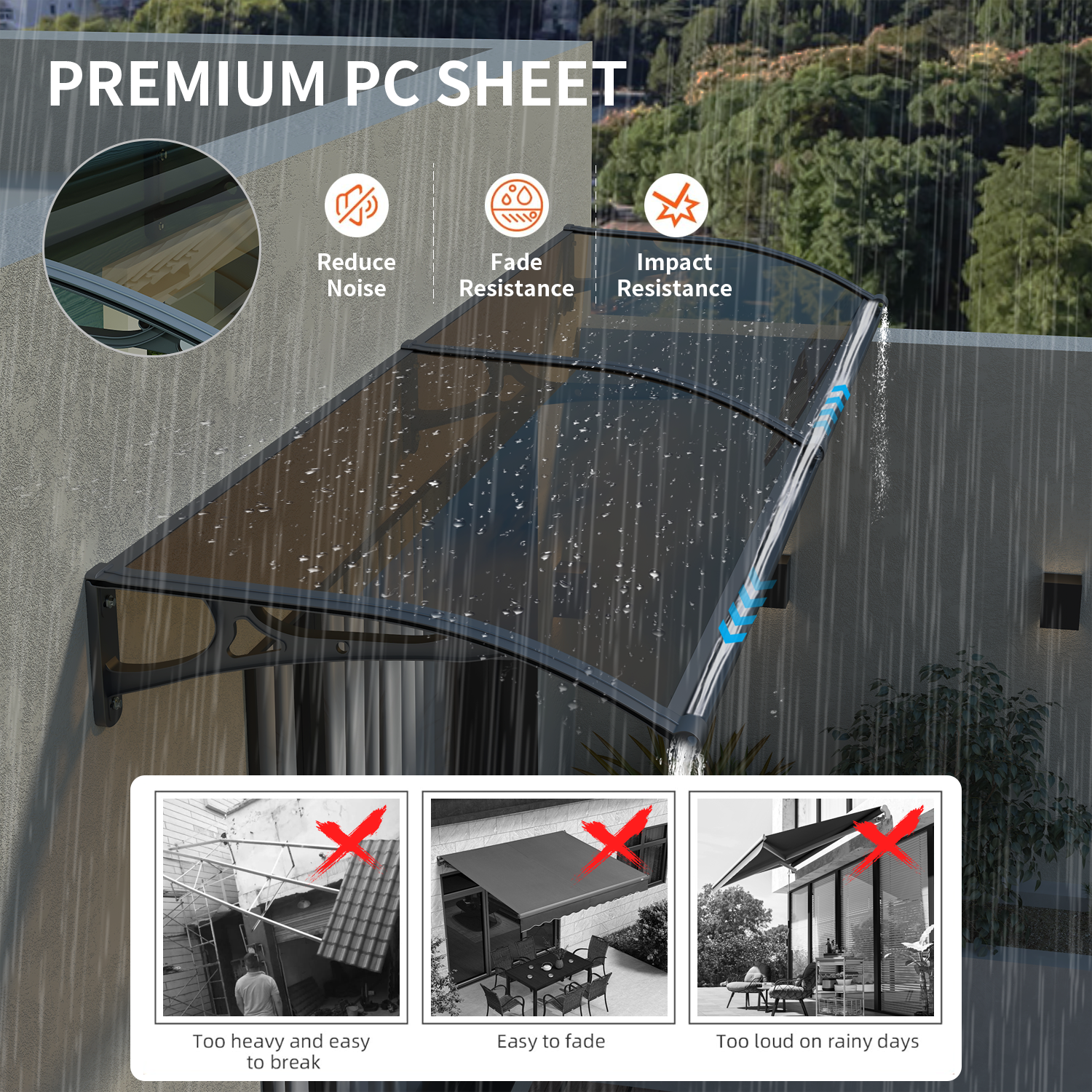 Dawninghome Aluminum Alloy Awning Solid Polycarbonate Sheet with Large Drainage Sink Canopy for Window Door Outdoor Snow Cover Overhang Awnings MS06