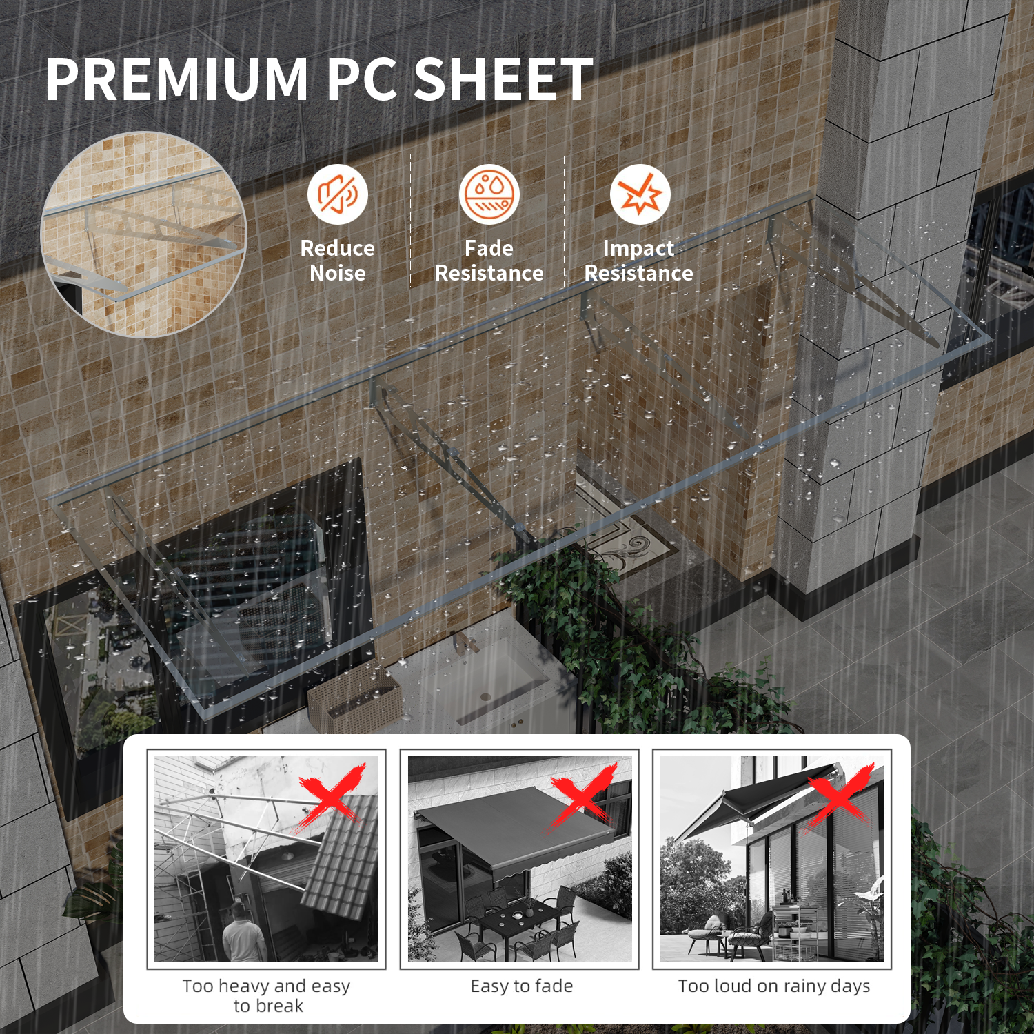 Toldos de metal GUANSU-CN Toldos de policarbonato de cristal de qualidade premium para portas/janelas Canopy Suportes prateados