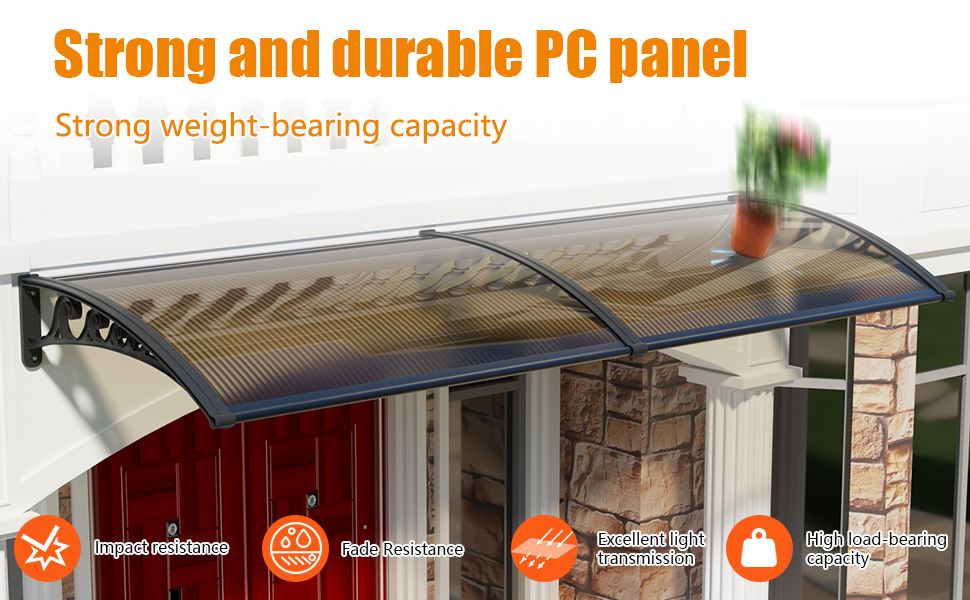 Window Awning Outdoor Door Canopy ABS Bracket Brown Polycarbonate Panel 48*60 IN