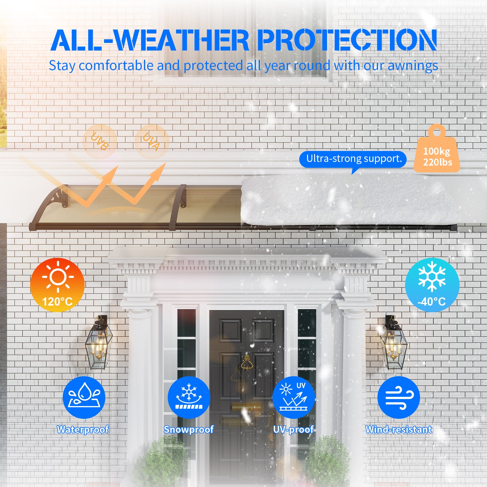Dawning Home Large Sink Window Awning Door Canopy Polycarbonate Solid Panel with Plastic Bracket Patio Rain Snow Sun Shelter Cover MS05