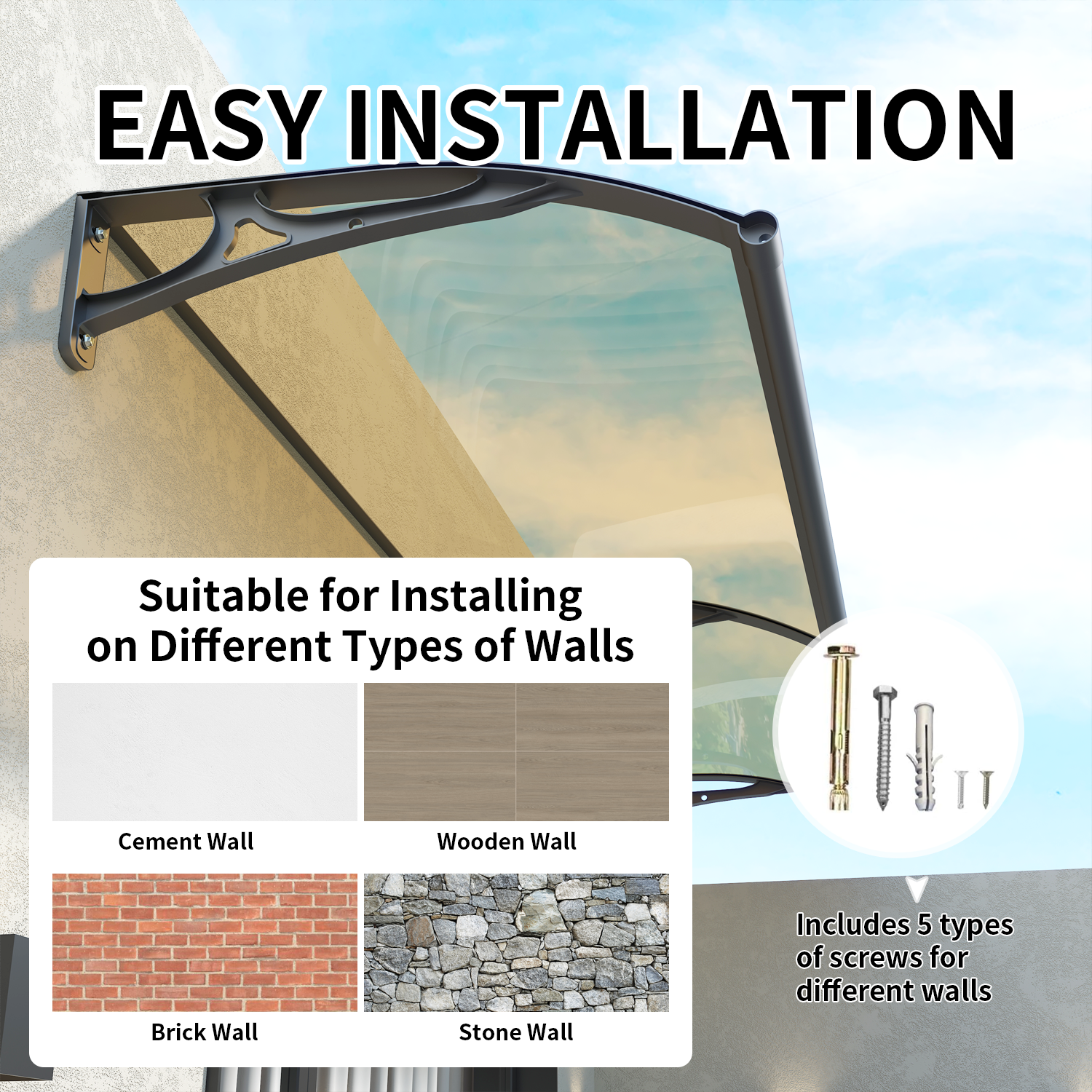 Dawninghome Aluminum Alloy Awning Solid Polycarbonate Sheet with Large Drainage Sink Canopy for Window Door Outdoor Snow Cover Overhang Awnings MS06