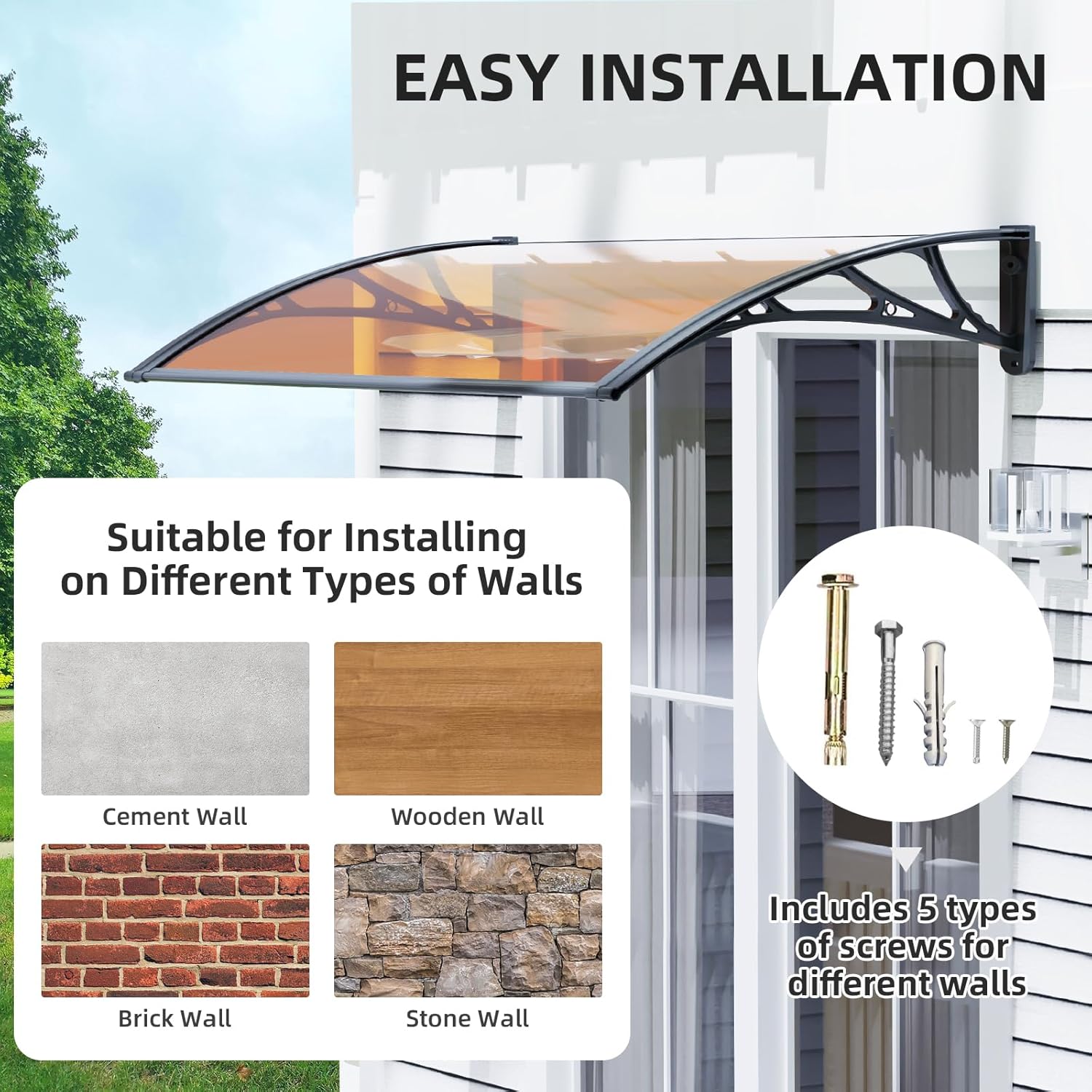 DawningHome Window Awning Door Canopy Polycarbonate Solid Sheet Patio Cover with Plastic Bracket Aluminum Fixing Bars for Sun Shutter, UV, Rain, Snow Protection MS03
