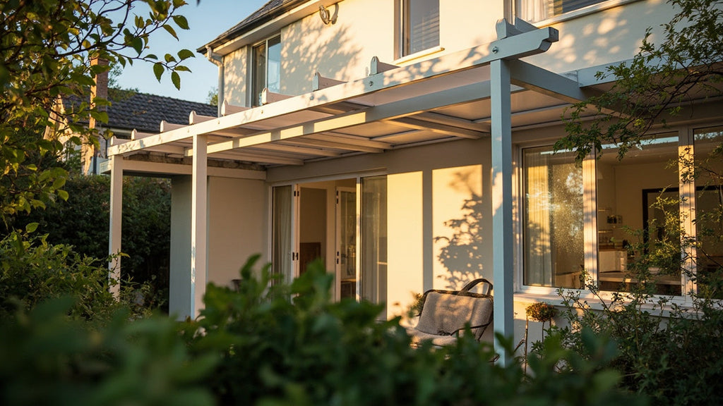 stylish awnings on a modern home exterior with soft sunlight and green landscaping