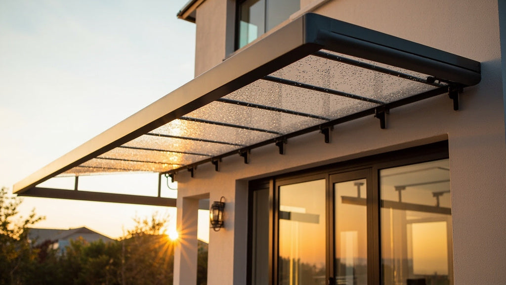 modern home exterior with clear polycarbonate awning protecting window and door