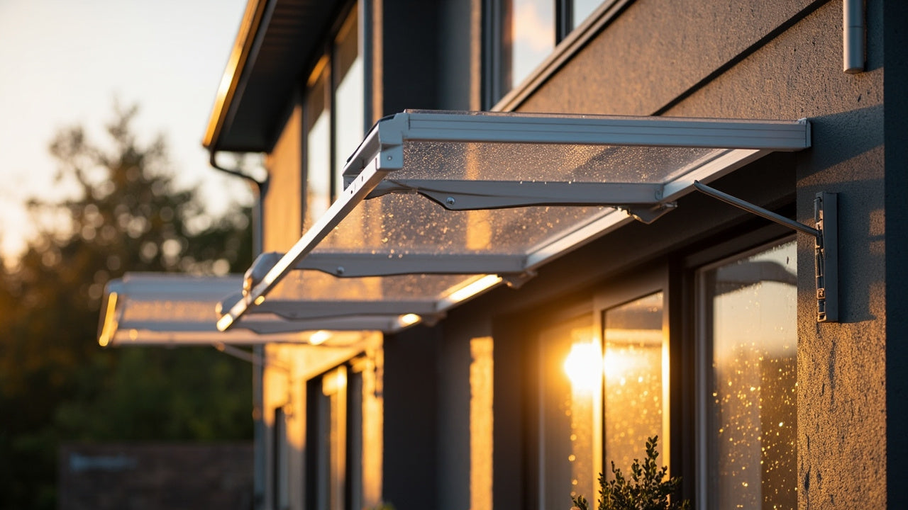 modern home exterior with durable polycarbonate awnings protecting windows from rain