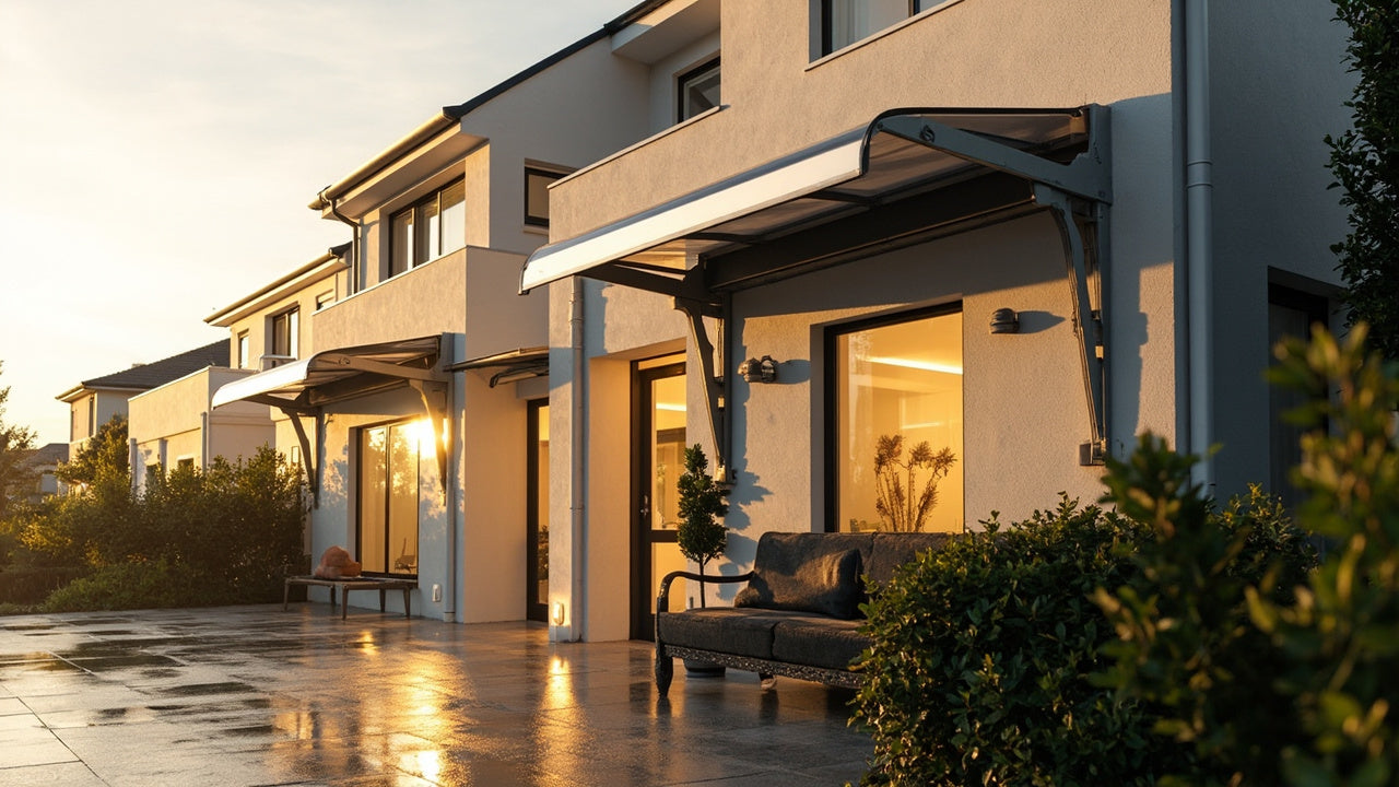 sunlit home exterior with sleek polycarbonate awnings protecting windows and door
