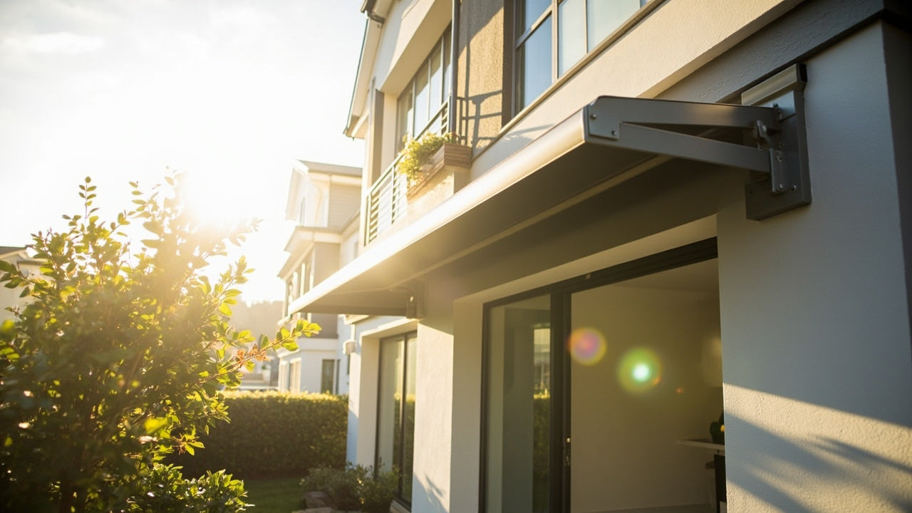 modern house with stylish awnings in soft sunlight, clean lines and neutral tones