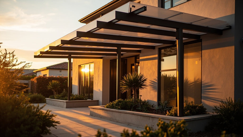 stylish awnings on a modern home exterior with soft golden sunlight and clean lines