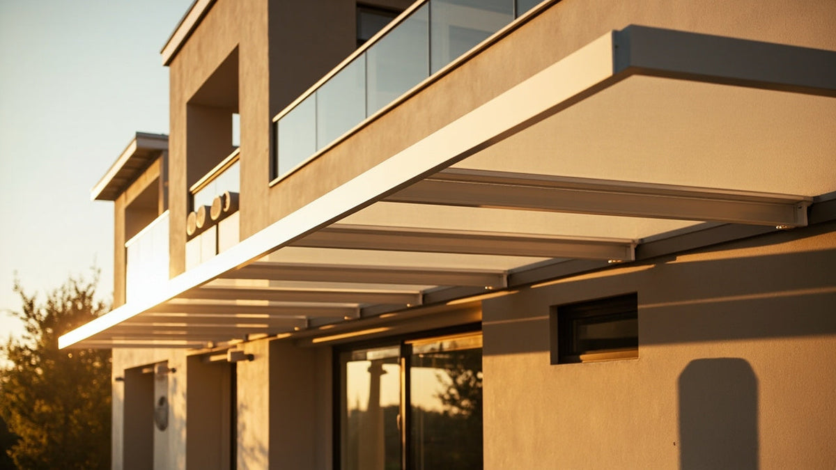 modern house with stylish awnings casting gentle shadows in warm evening light