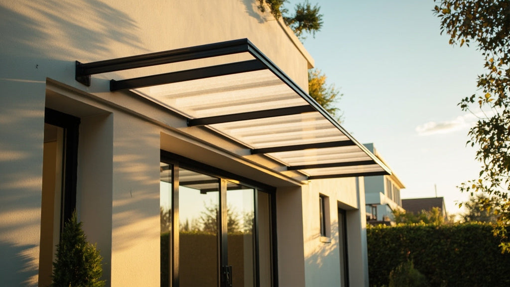 modern home with stylish awnings in soft sunlight, clean lines and neutral colors