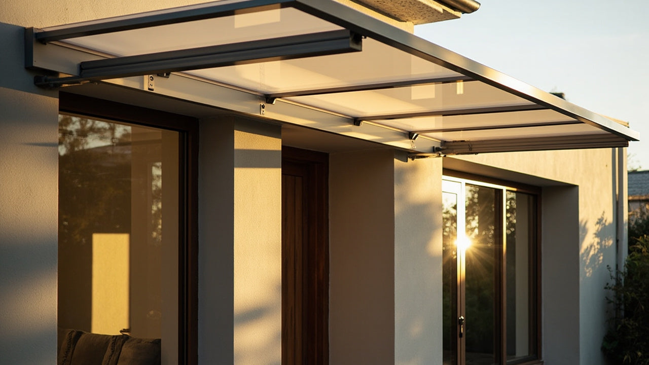 sleek awnings on a modern home exterior with soft light and inviting atmosphere