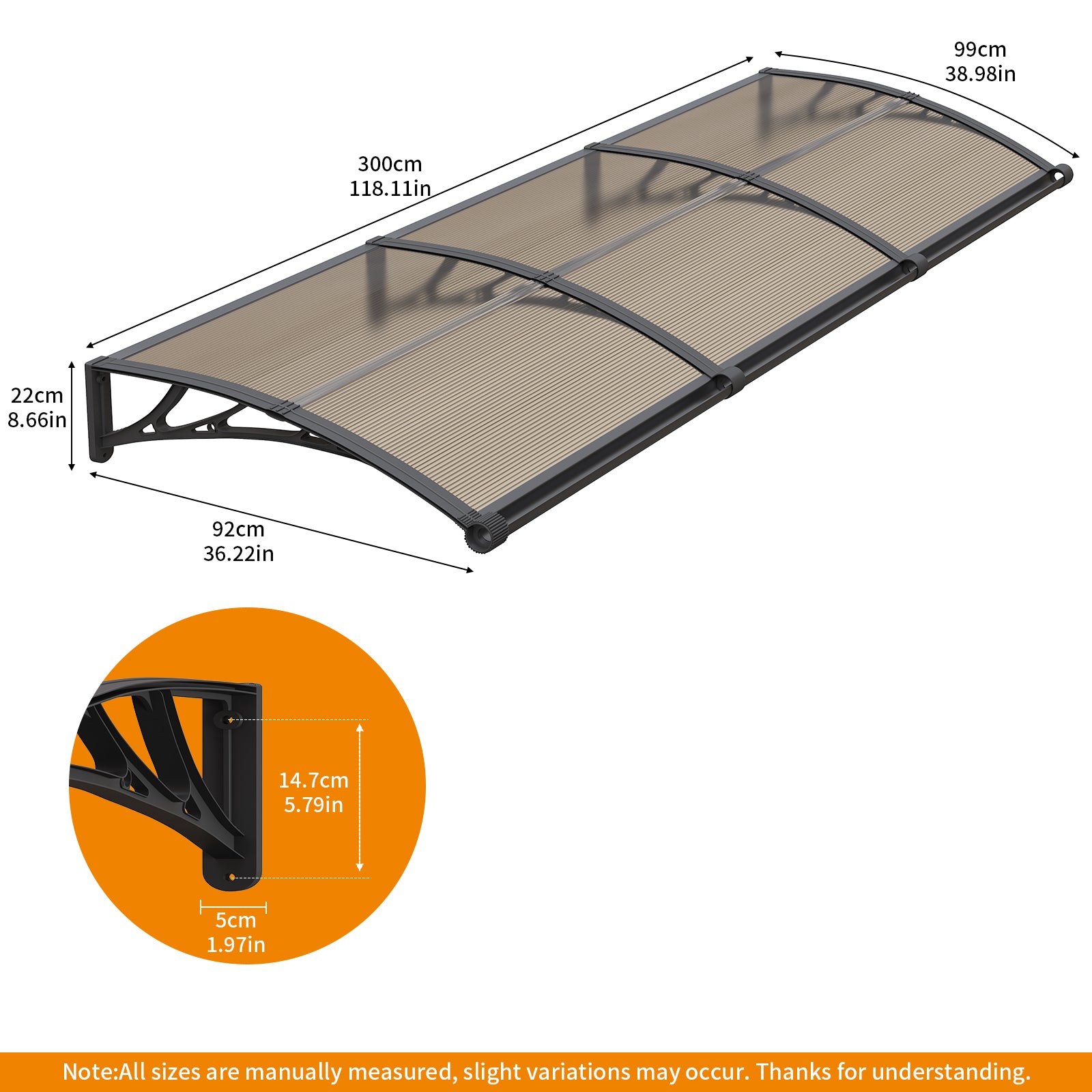 Grande tenda da sole per finestra e porta con lavello, copertura in policarbonato 40x120 pollici 100x300 cm, elegante design del lavello di drenaggio