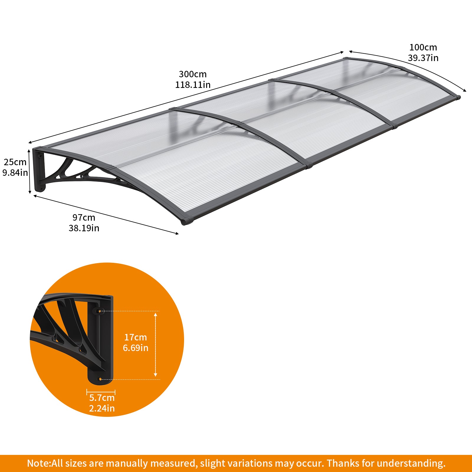 Auvent de porte et fenêtre en polycarbonate 40x120 pouces 100x300cm