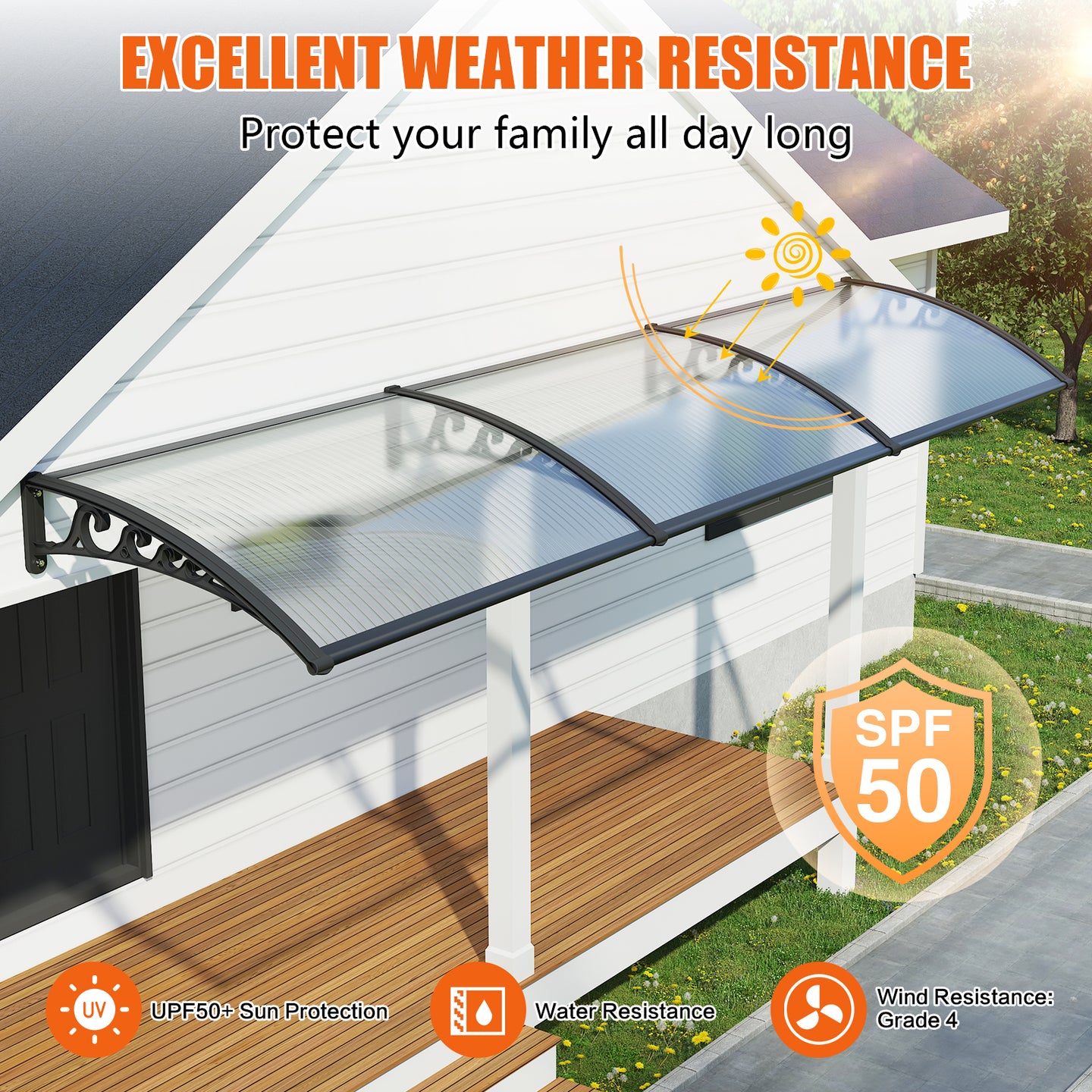 Dawninghome Polycarbonate Window Awning – DIY UV & Rain Shield for Porch and Entry（Black Bracket Transparent Board）