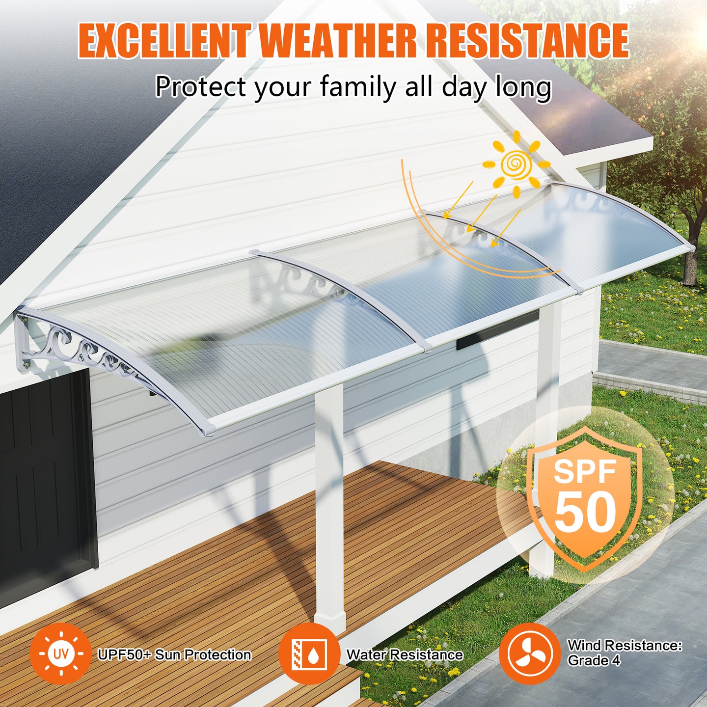 Dawninghome Polycarbonate Window Awning – DIY UV & Rain Shield for Porch and Entry（Grey Bracket Transparent Board