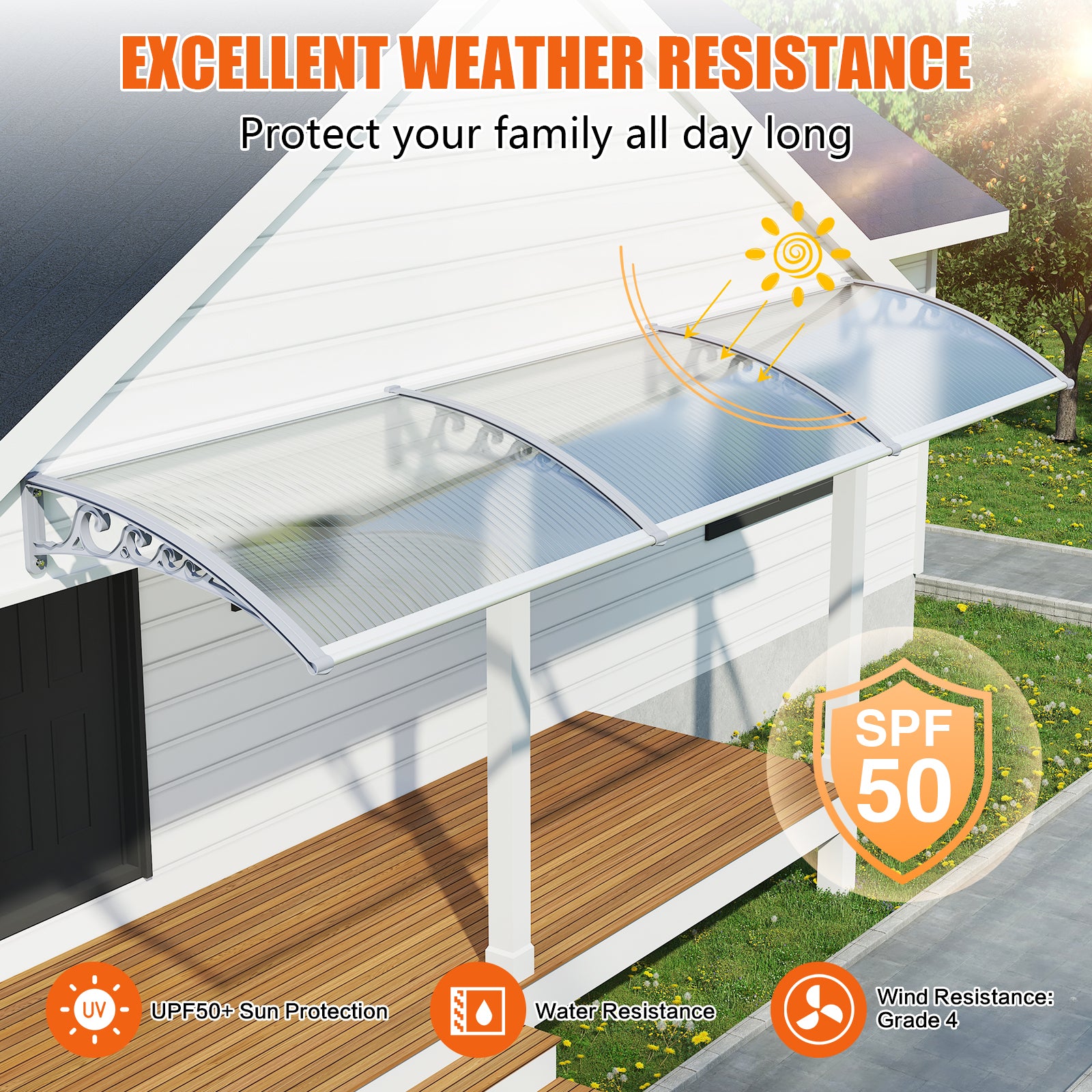 Dawninghome Polycarbonate Window Awning – DIY UV & Rain Shield for Porch and Entry（Grey Bracket Transparent Board