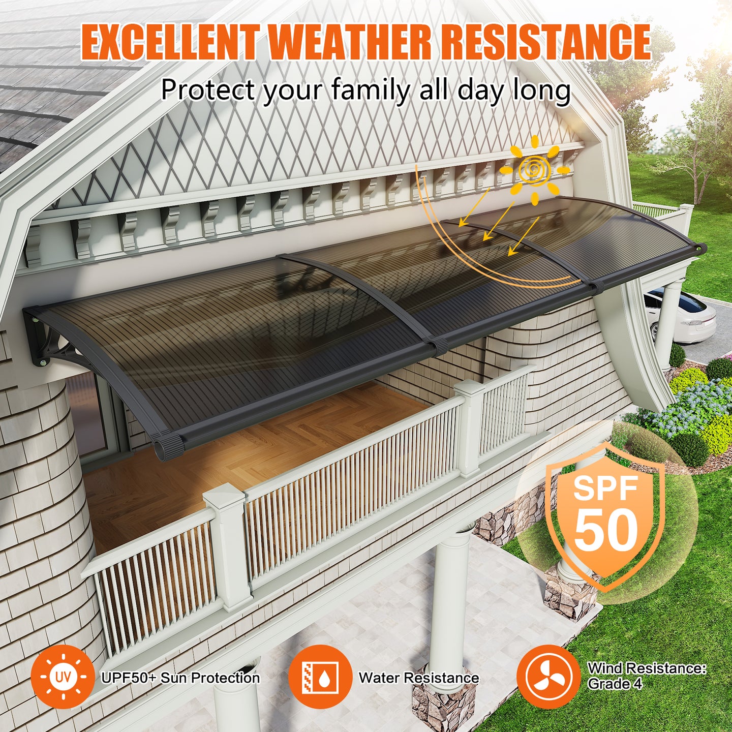 Dawning Home Window Awning Door Canopy – Polycarbonate Hollow Sheet with ABS Bracket and Separate Drainage Sink