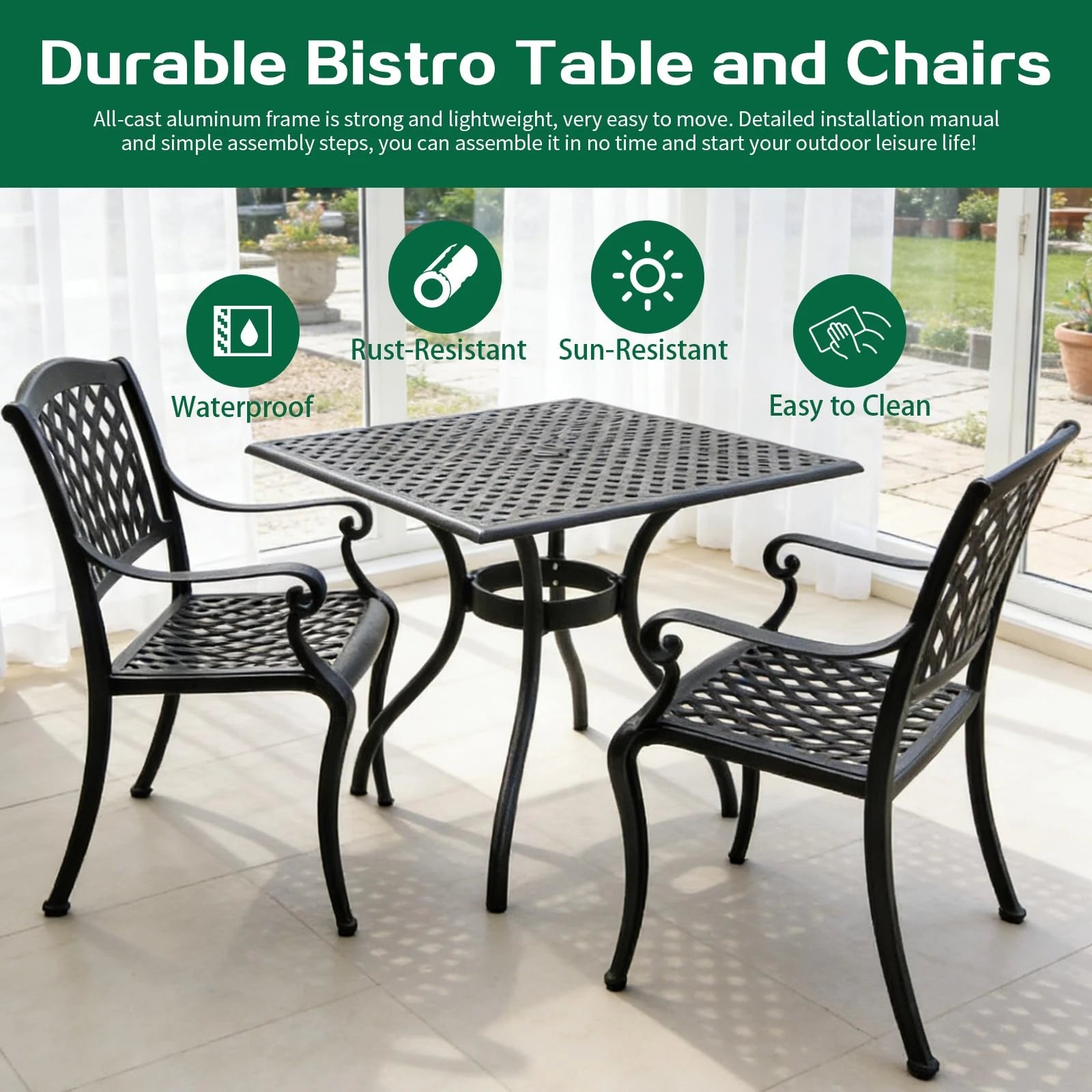Black Aluminum Outdoor Bistro Dining Set 3-Piece