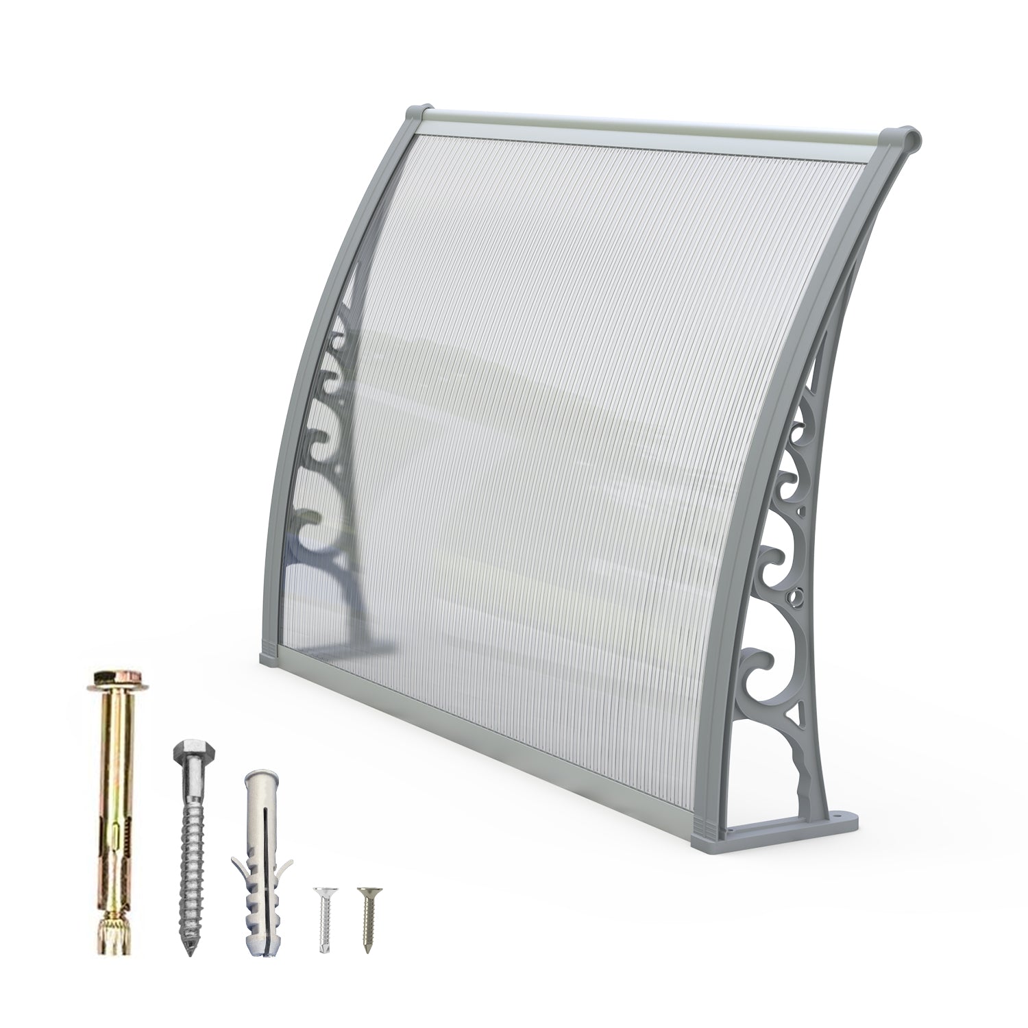 Dawninghome Polycarbonate Window Awning – DIY UV & Rain Shield for Porch and Entry（Grey Bracket Transparent Board