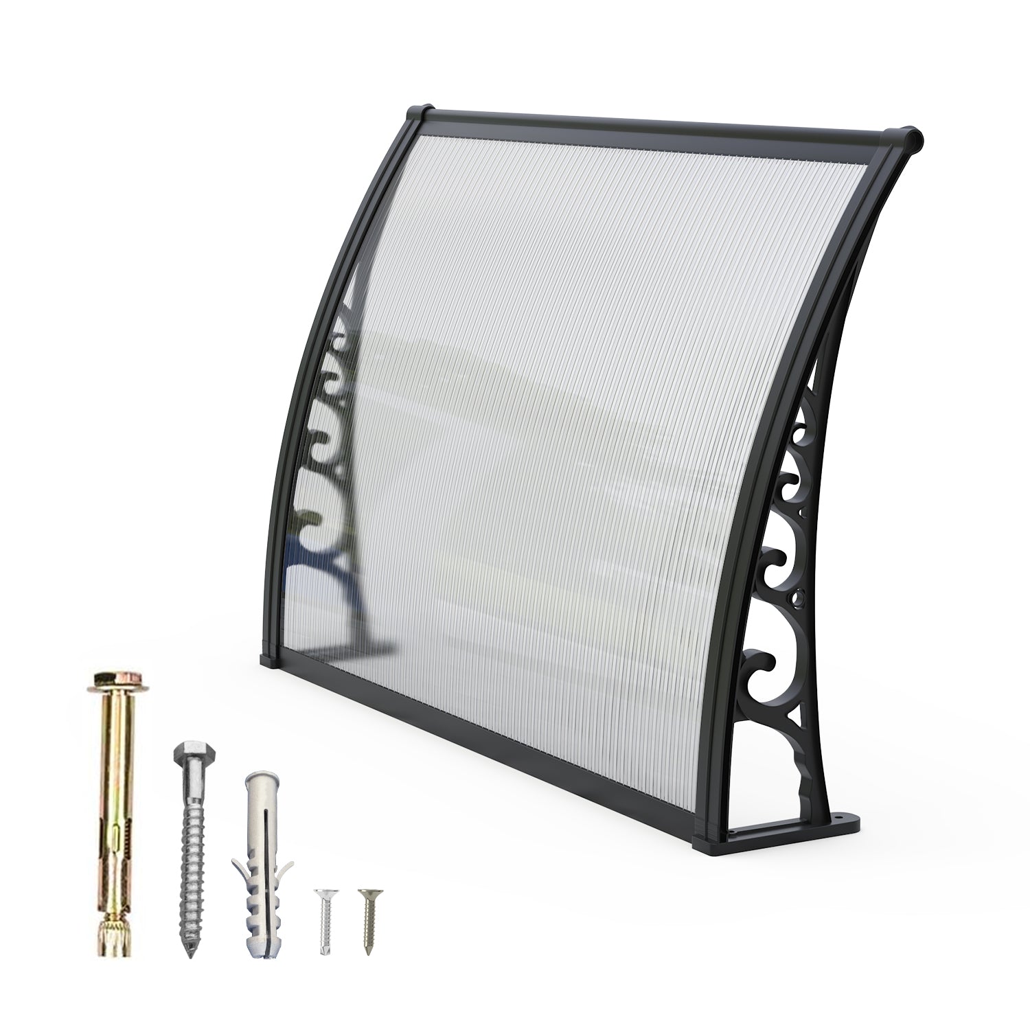 Dawninghome Polycarbonate Window Awning – DIY UV & Rain Shield for Porch and Entry（Black Bracket Transparent Board）