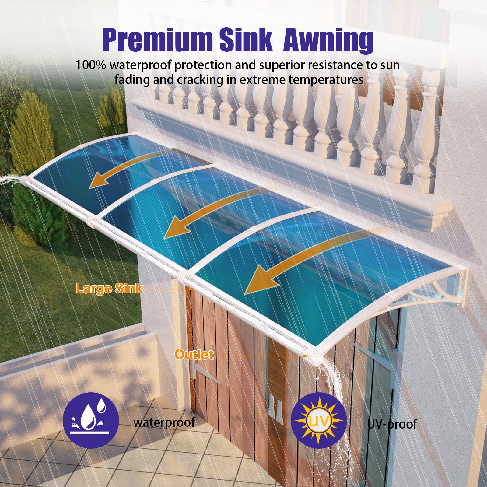 Door Awning Canopy with Drainage, Polycarbonate Exterior Door & Window Awning, UV Rain Snow Protection for Porch Patio Entrance