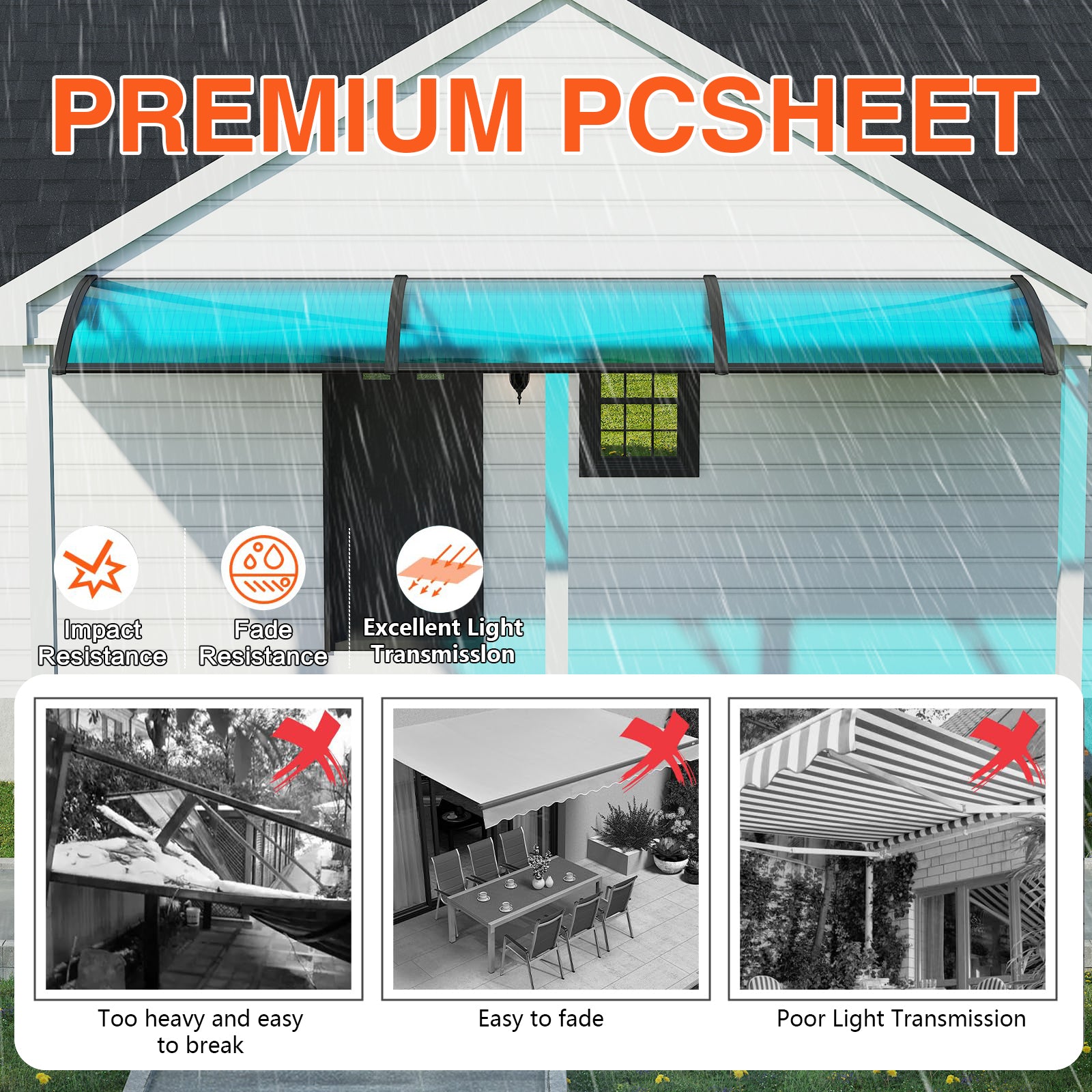 Dawninghome Polycarbonate Window Awning – DIY UV & Rain Shield for Porch and Entry（Black Bracket Blue Board）
