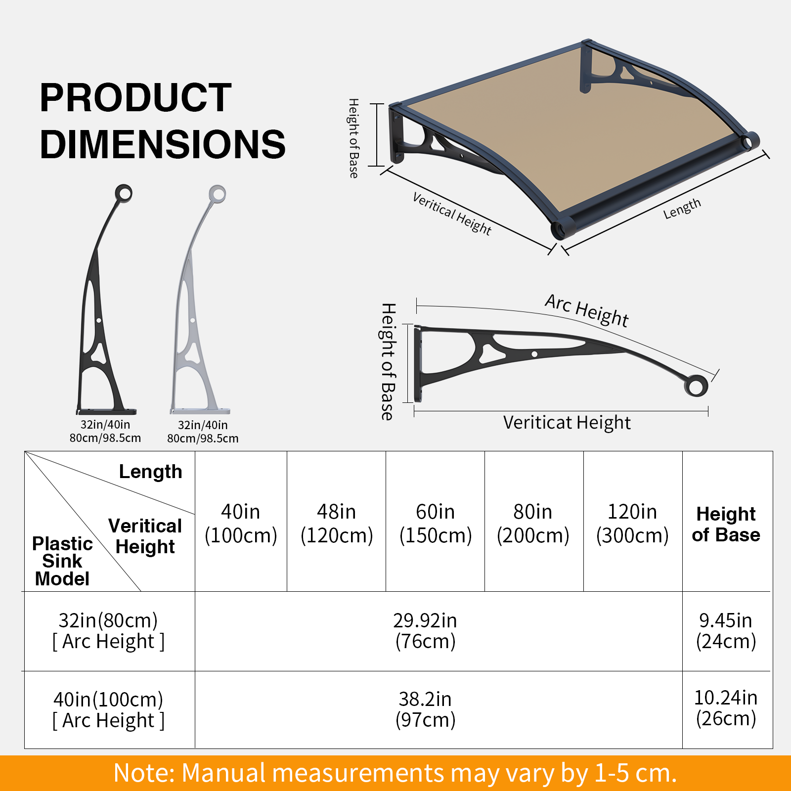 Dawninghome Aluminum Alloy Awning Solid Polycarbonate Sheet with Large Drainage Sink Canopy for Window Door Outdoor Snow Cover Overhang Awnings