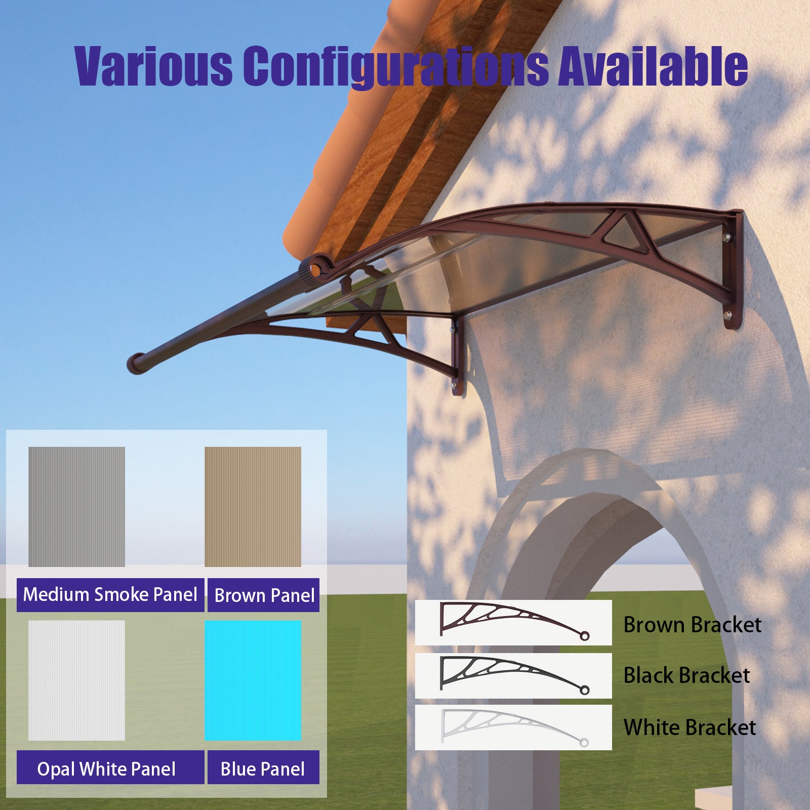 Door Awning Canopy with Drainage, Polycarbonate Exterior Door & Window Awning, UV Rain Snow Protection for Porch Patio Entrance