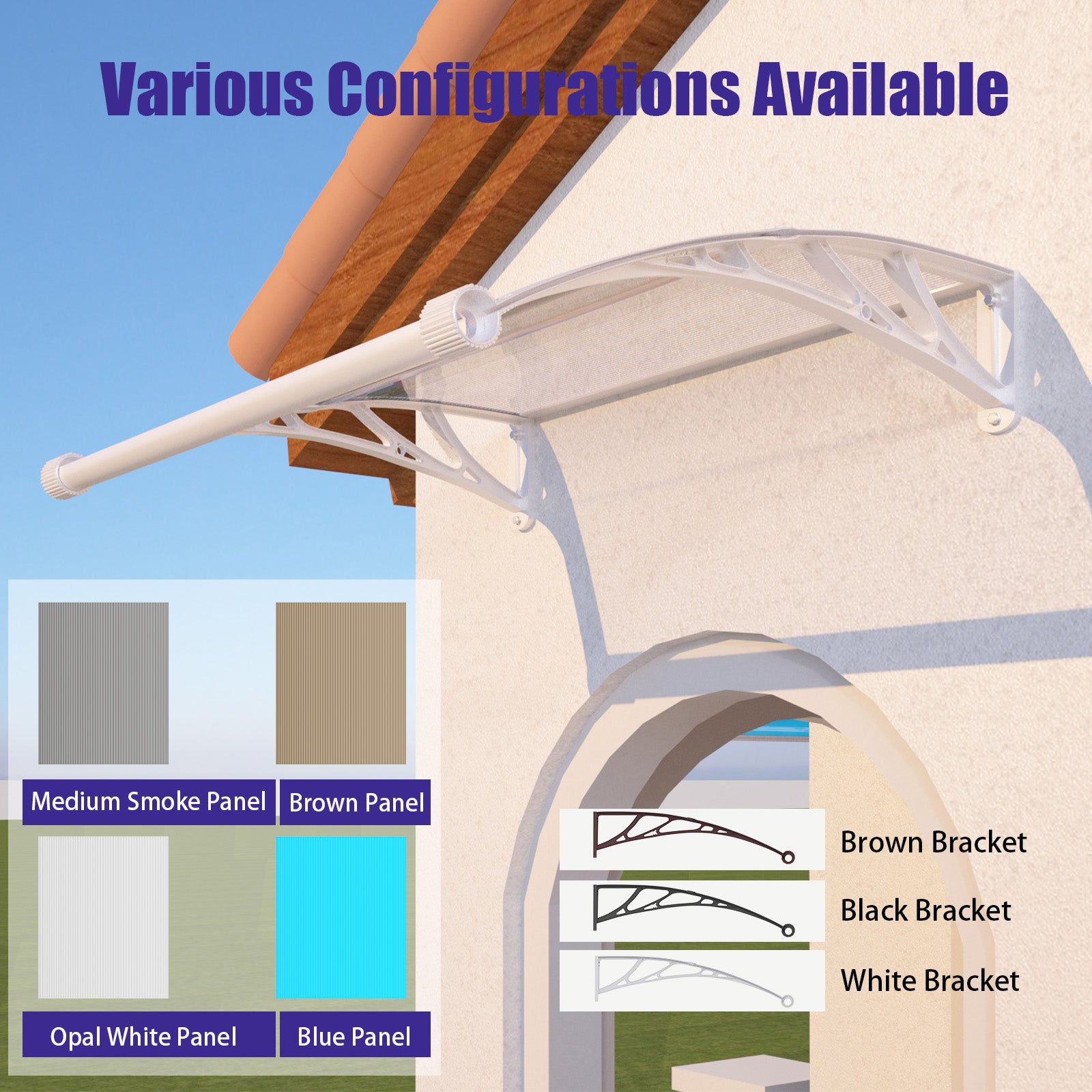 Open Box – Door Awning Canopy with Built-in Drainage, Polycarbonate Outdoor Cover for Entrance, Porch & Patio Protection