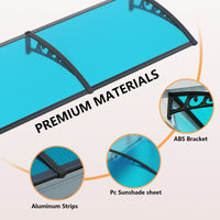 Dawninghome Polycarbonate Window Awning – DIY UV & Rain Shield for Porch and Entry（Black Bracket Blue Board）