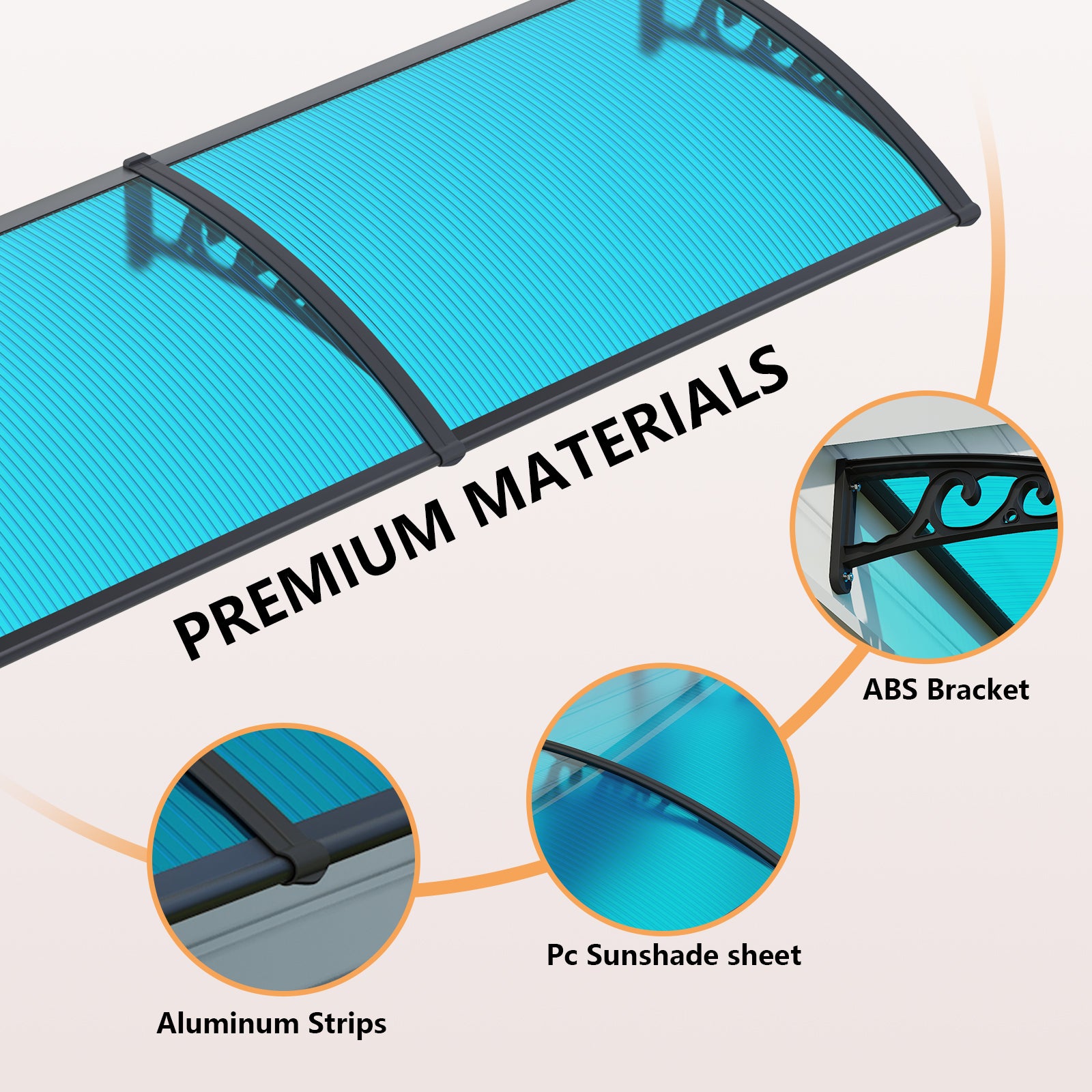 Dawninghome Polycarbonate Window Awning – DIY UV & Rain Shield for Porch and Entry（Black Bracket Blue Board）
