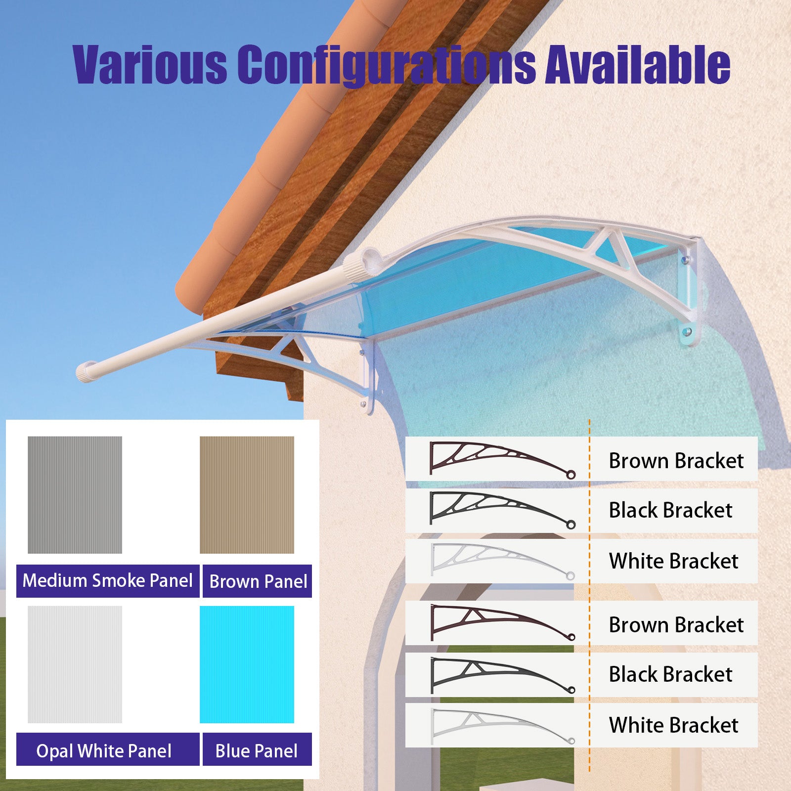Door Awning Canopy with Drainage, Polycarbonate Exterior Door & Window Awning, UV Rain Snow Protection for Porch Patio Entrance