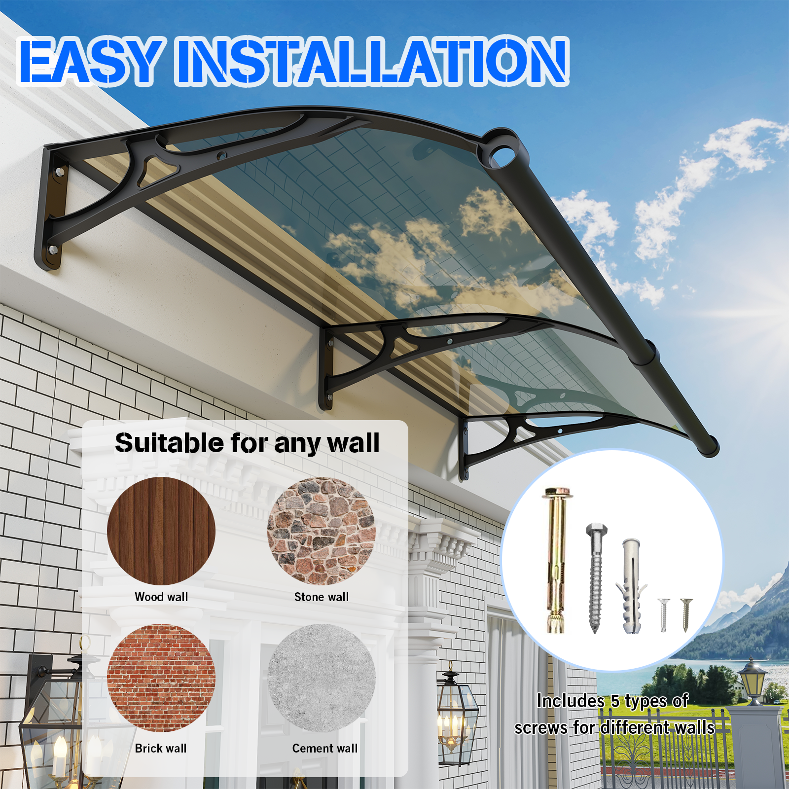 Dawninghome Aluminum Alloy Awning Solid Polycarbonate Sheet with Large Drainage Sink Canopy for Window Door Outdoor Snow Cover Overhang Awnings